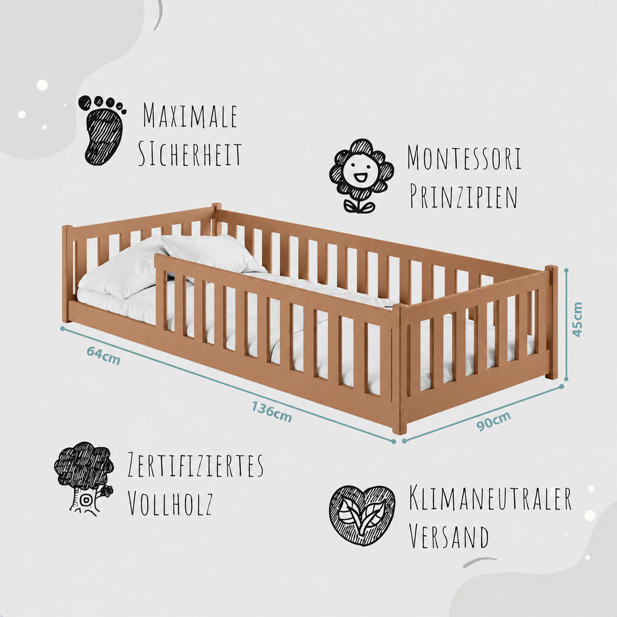 BODENBETT 90x200 cm in Zimt - Braun, Holz (90/200cm) - Kids Collective