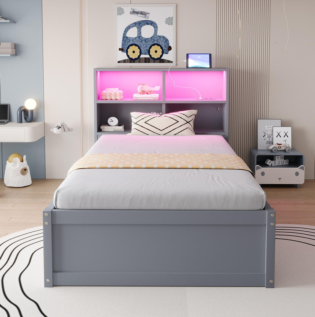 BETT 90/200 cm Grau mit Stauraum, LED-Beleuchtung und Steckdose - Grau, Holz (90/200cm) - Flora Grace
