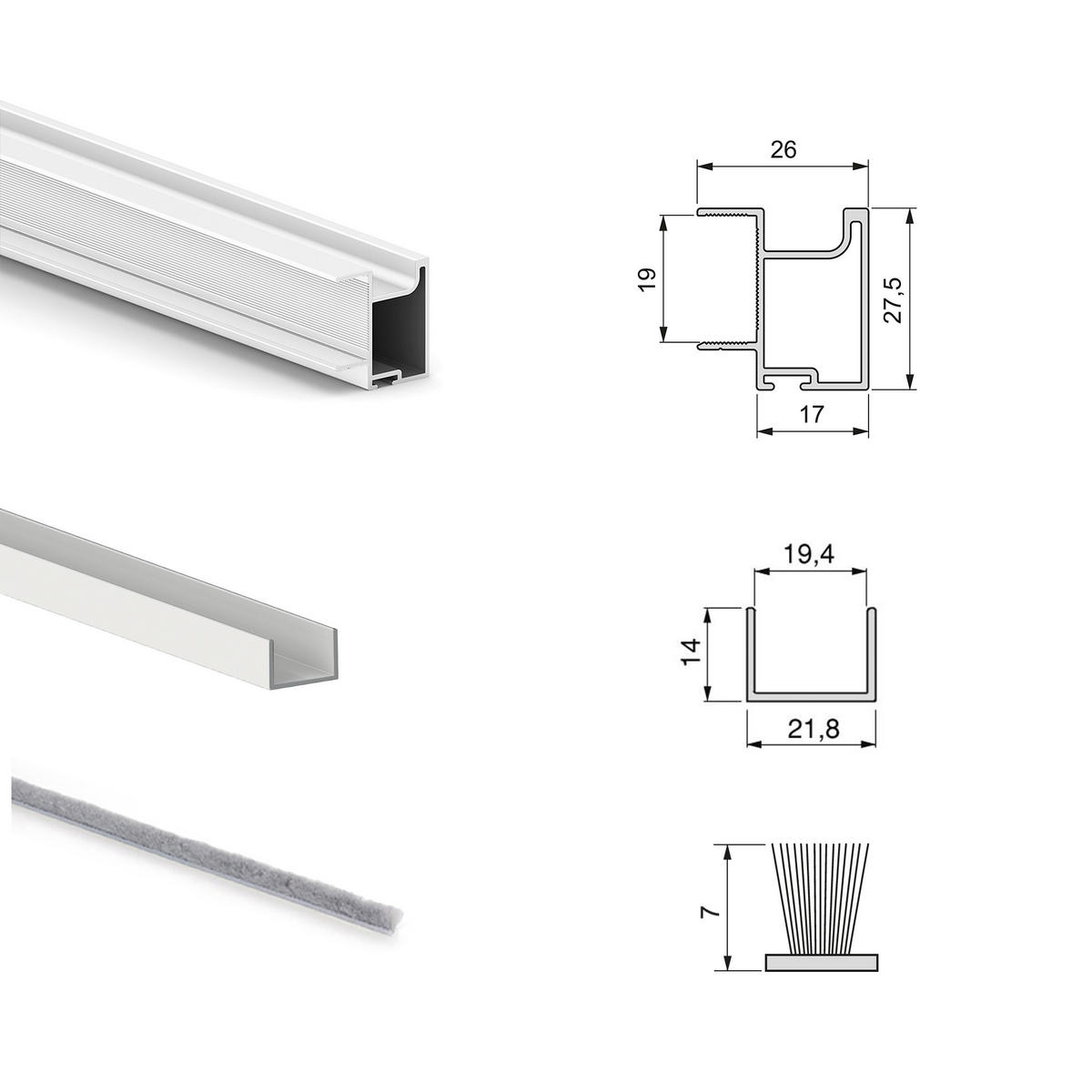 HARDWARE SET für Placard 74 2-Schiebe-Kleiderschrank mit sanftem Schliessen, Griff-Modell Sharp, Stärke 19mm, ohne Paneele, Weiß metallic - Weiß, Metall (3.4/7.4/235cm) - EMUCA