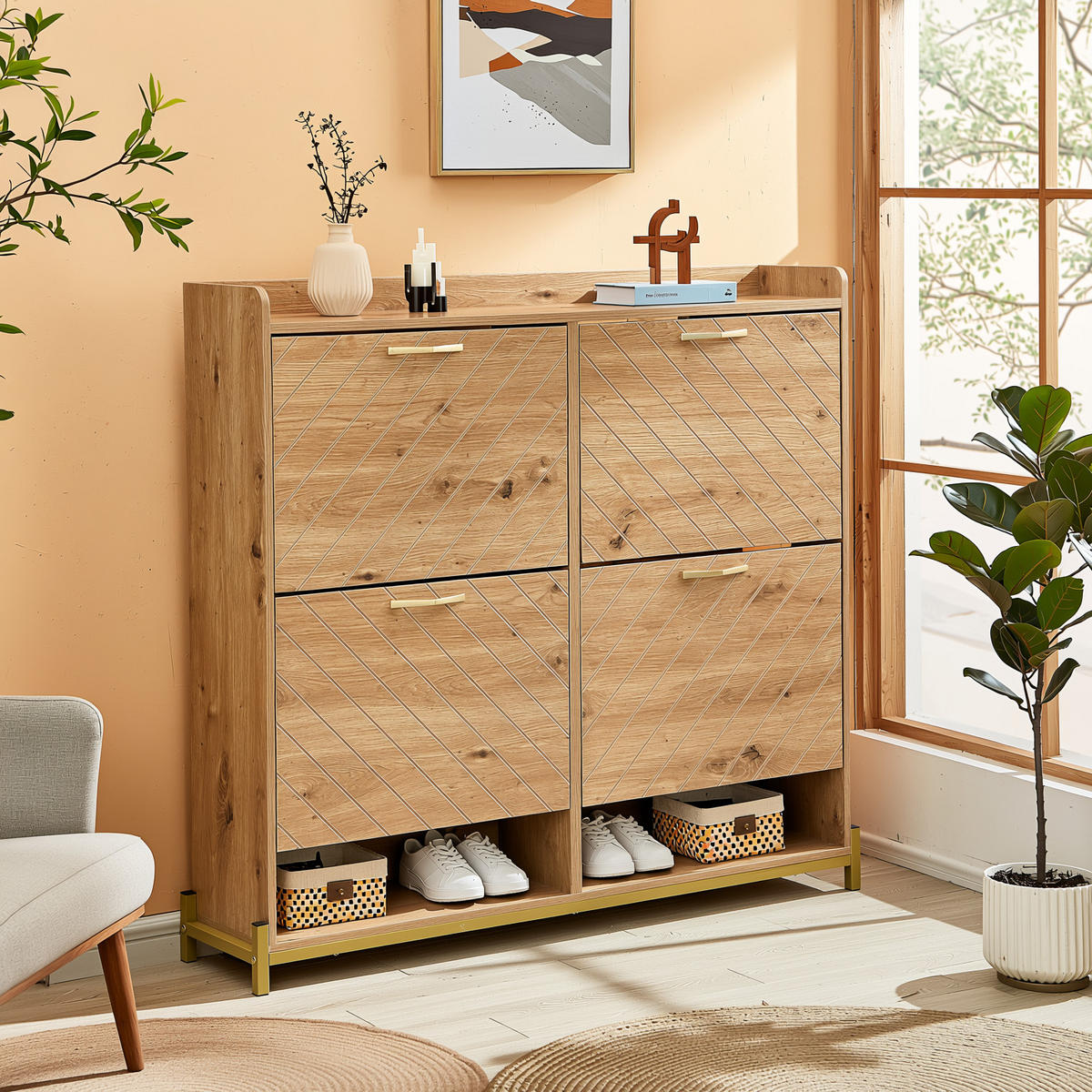 SCHUHREGAL 108 cm Holzoptik mit 4 Klappfächern & Metallfüßen für Flur - Eichefarben, Holzwerkstoff (108.5/100/24cm) - Urban Meuble