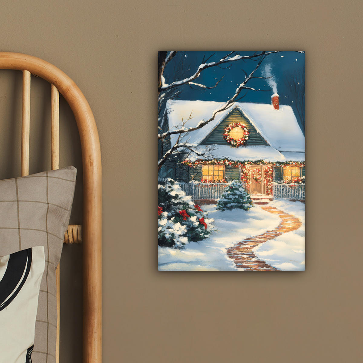 LEINWANDBILD Weihnachten - Weihnachtsbaum - Winter - Zuhause - Schnee 20x30 cm - Smaragdgrün, Textil (20/30cm) - MuchoWow