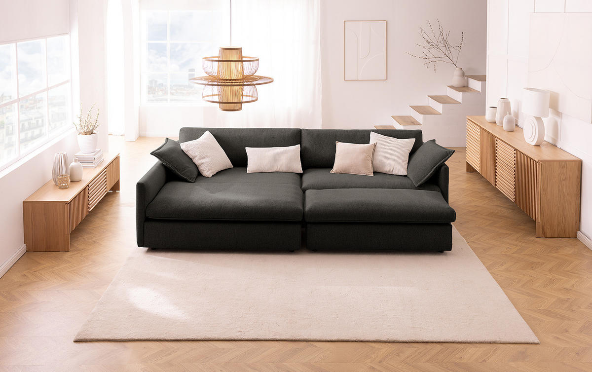 ECKSOFA mit Longchair - Anthrazit/Schwarz, Kunststoff/Textil (290/183cm) - home24