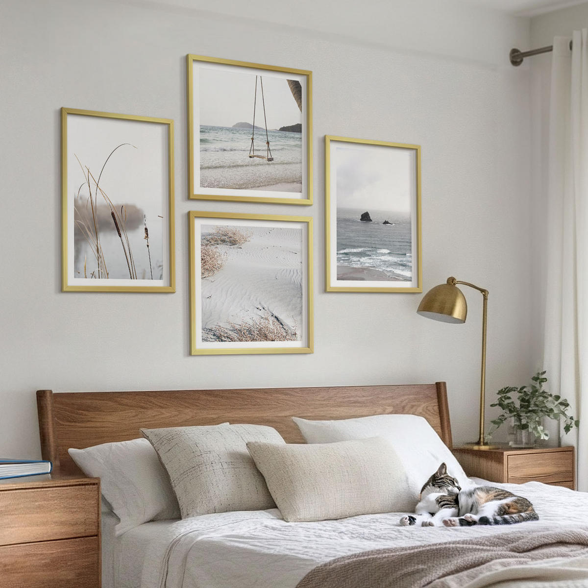BILDER SET 4er Set - 50x50 cm & 40x60 cm Goldrahmen - Vegetation am Wasser im Sommer - Goldfarben, Kunststoff (50/50cm) - TULUP