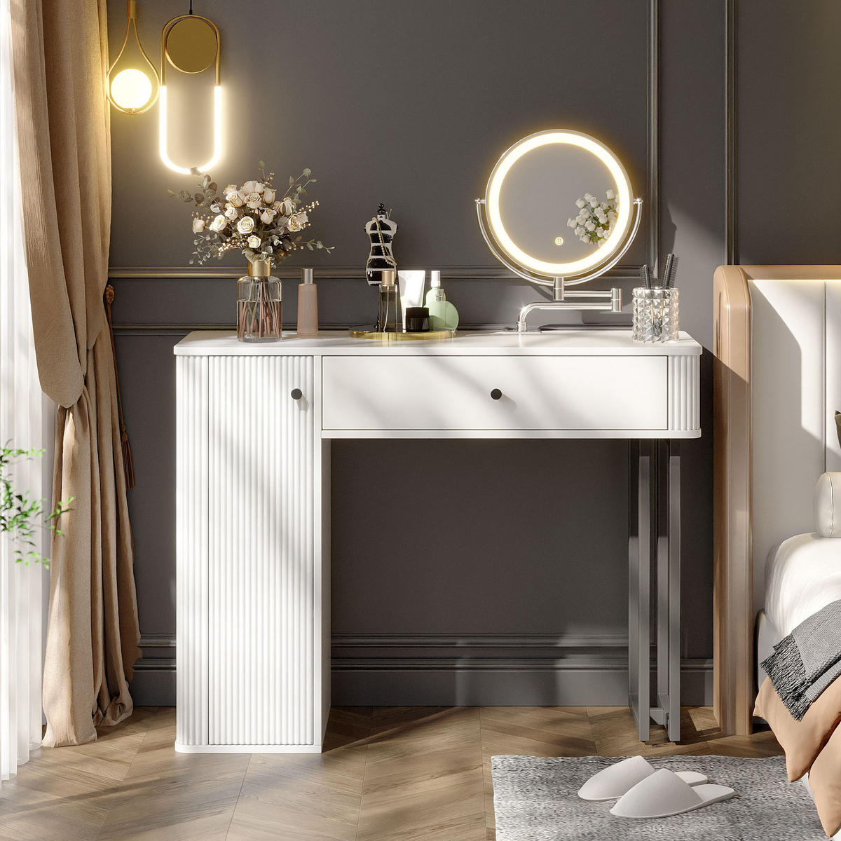 SCHMINKTISCH 40/100/116 cm Weiß mit LED-Beleuchtung Spiegel und Stauraum - Weiß, Holzwerkstoff (40/116/100cm) - OKWISH