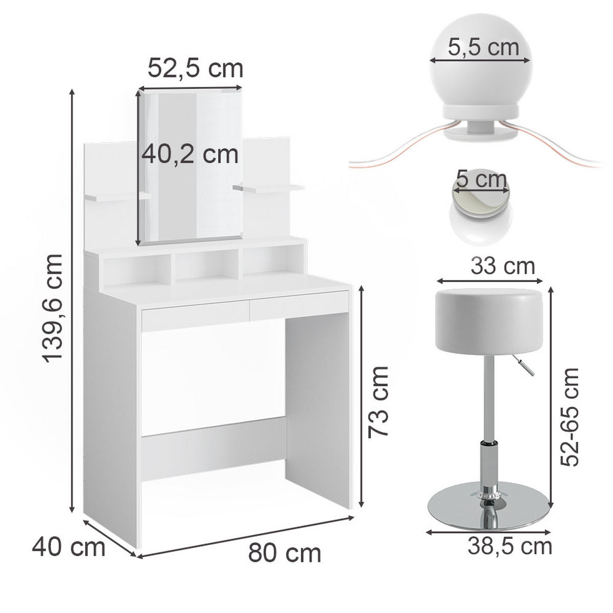 SCHMINKTISCH Ania Weiß 80 cm mit LED Beleuchtung und Hocker - Weiß, Holzwerkstoff (80/139.6/40cm) - Vicco