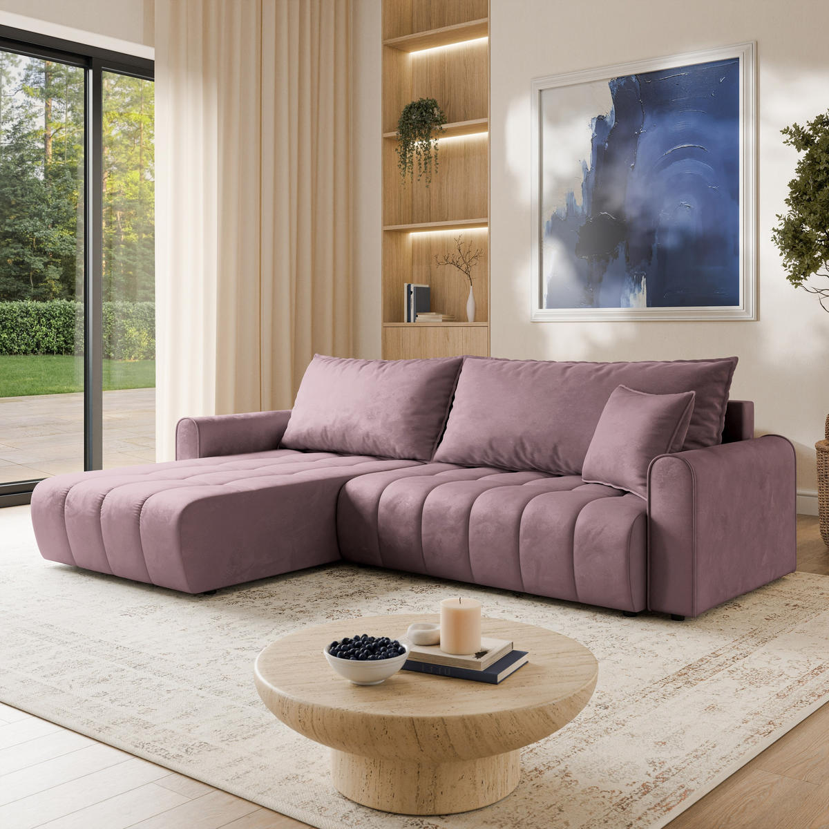 ECKSOFA FRIGA Lila Velours-Stoff mit Schlaffunktion - Lila, Holz (283/185cm) - MASSENO