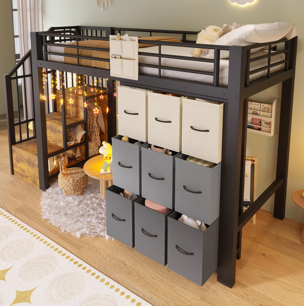 HOCHBETT aus MDF und Metall 90x200 cm Schwarz mit Schubladen, Kleiderstange und Stauraumtreppe - Schwarz, Holzwerkstoff (90/200cm) - Modfu