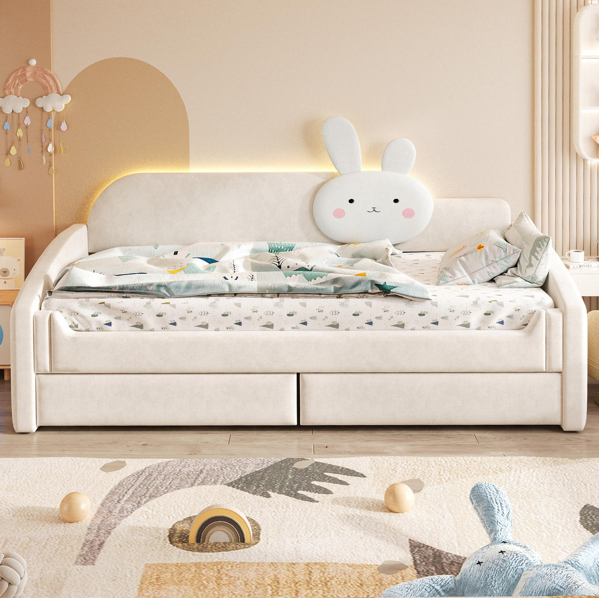 KINDERBETT mit 2 Schubladen und LED 90x200 cm Samt Beige - Beige, Holzwerkstoff (90/200cm) - Beauniv