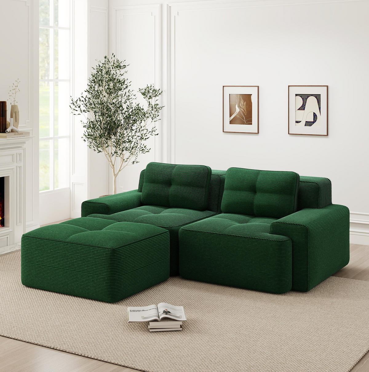 ECKSOFA 204/104/69 cm grün aus Cord mit Tiefsitz und flexibler Ottomane - Grün, Textil (177/204cm) - OKWISH