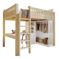 HOCHBETT aus Kiefernholz und MDF 140x200 cm Natur mit Schreibtisch, Kleiderschrank, 3 Schubladen und Treppe - Naturfarben, Holzwerkstoff (140/200cm) - Modfu