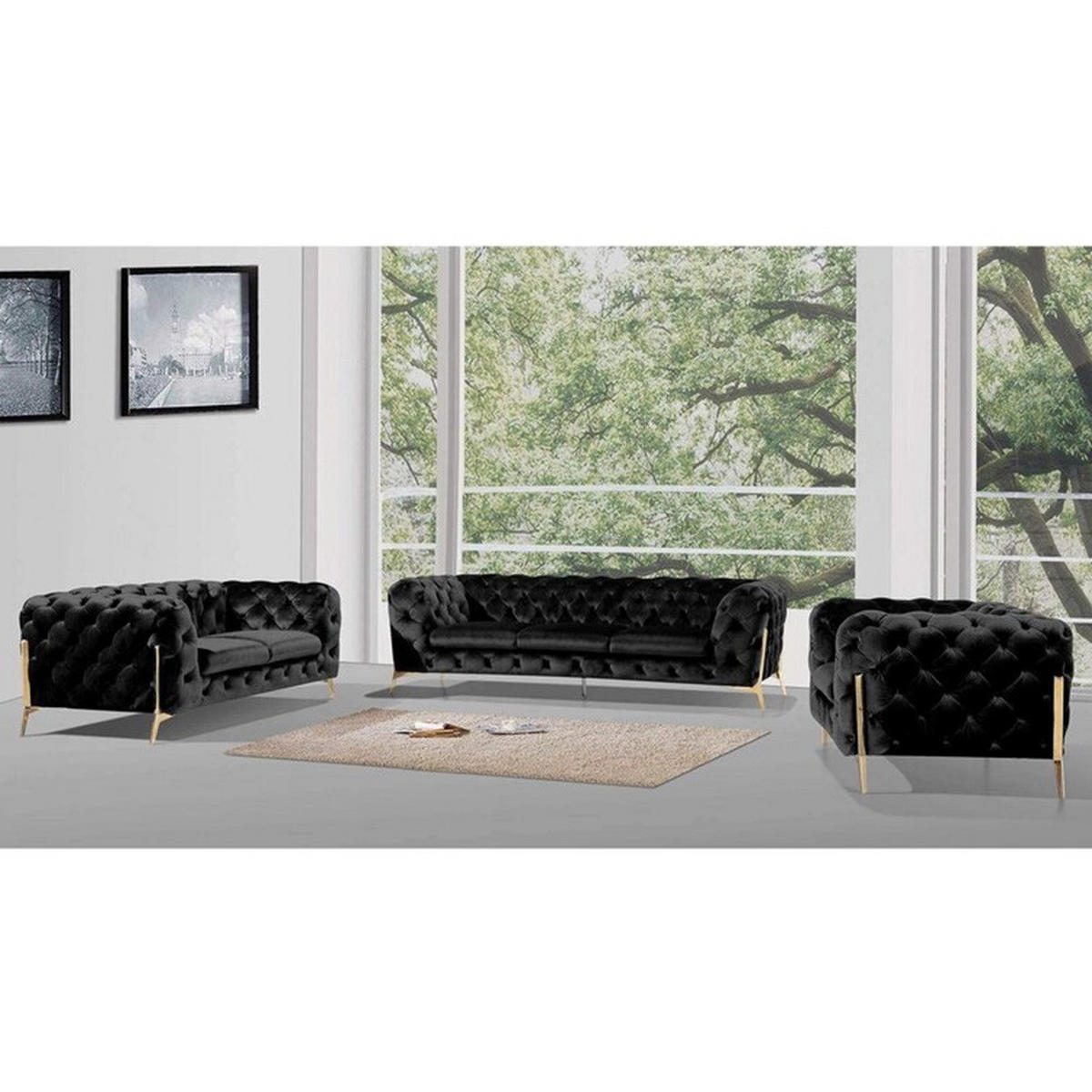 SITZGARNITUR 3+2+1 Chesterfield Lexi Schwarz Samt - Goldfarben/Schwarz, Holz/Textil (243/75/100cm) - S-Style Möbel
