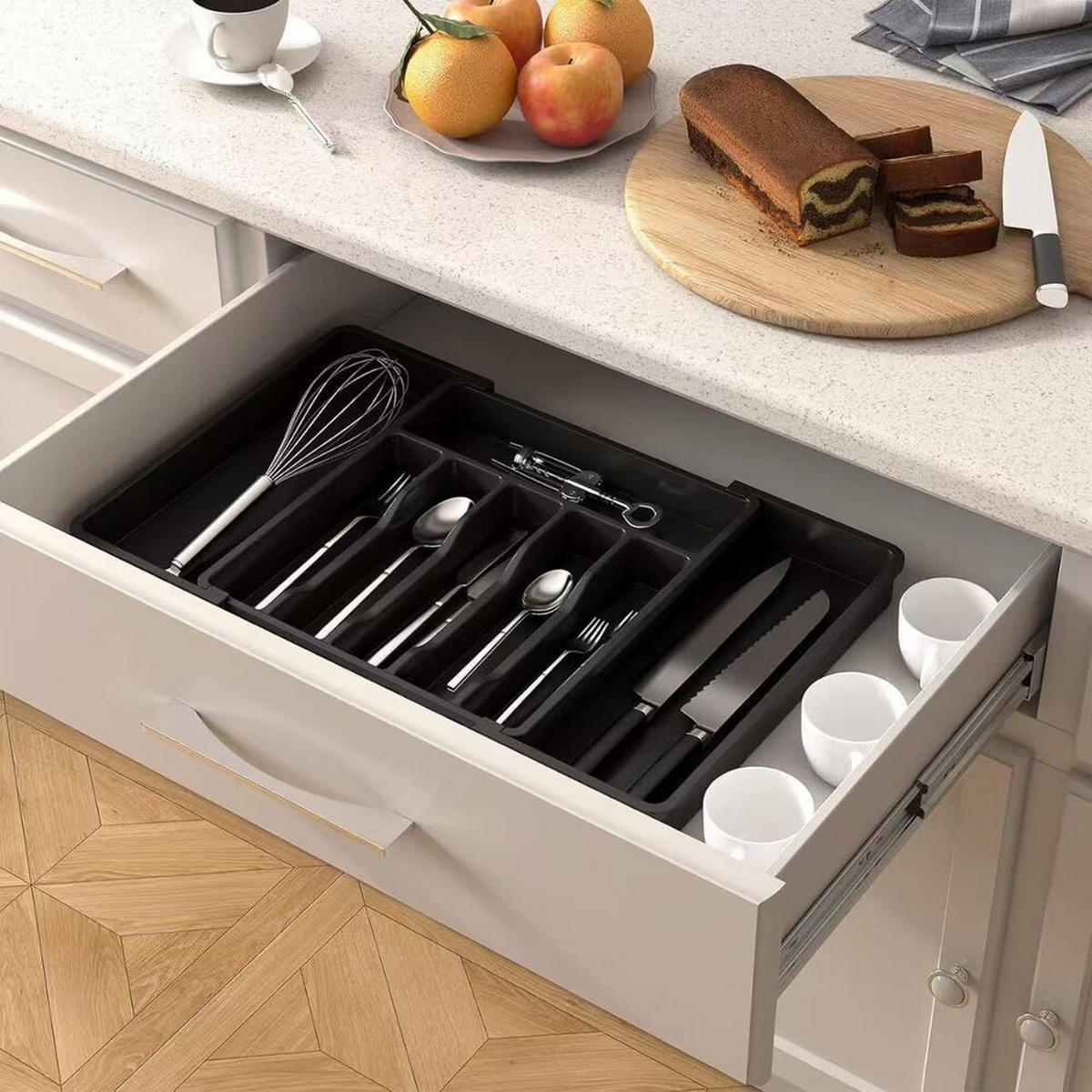 BESTECKORGANIZER,AUSZIEHBAR & verstellbar,Schwarz, PP-Material,(33–57)cm × 38 cm - Schwarz, Kunststoff (38/5/33cm) - Authentics