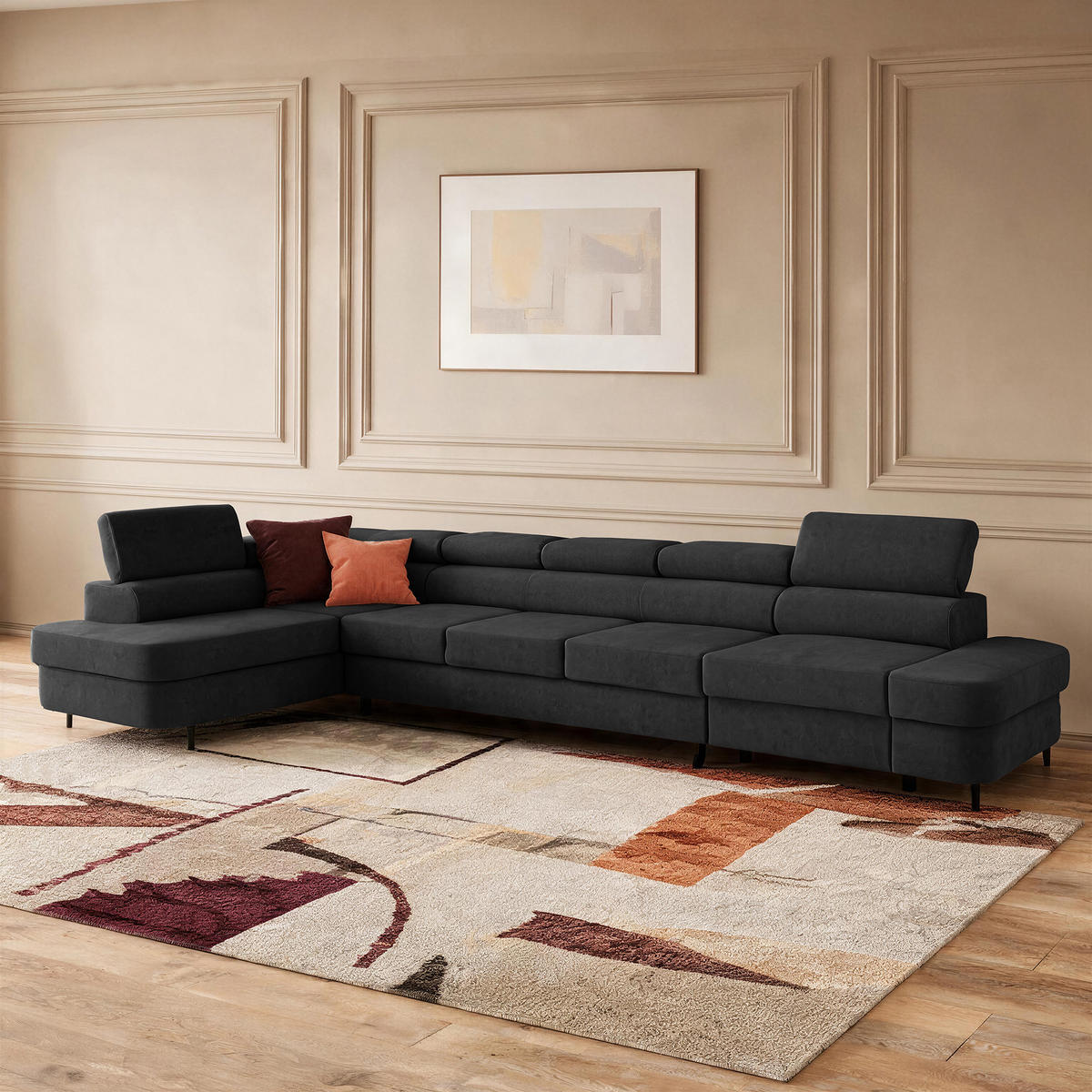 ECKSOFA PRIAM XXL L-Form Links mit Schlaffunktion 125x265 Velours Schwarz - Schwarz, Holz/Textil (203/420cm) - Muffo