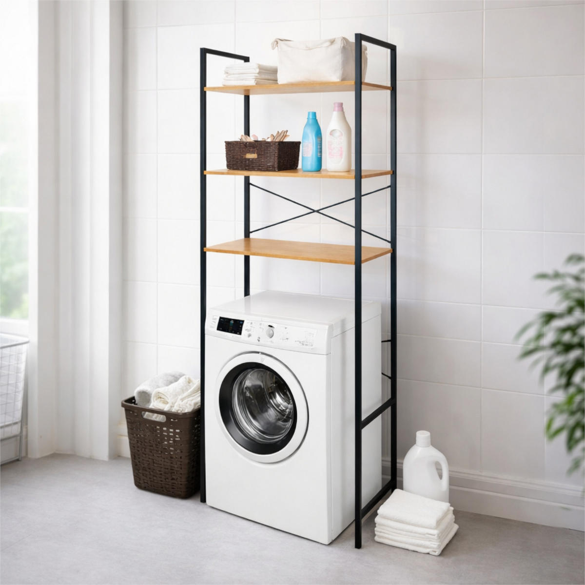 WASCHMASCHINEREGAL Holzoptik Metall Erlefarben Schwarz 3 Ebenen 66x30x186 cm - Erlefarben/Schwarz, Holzwerkstoff/Metall (66/186/30cm) - Begryf