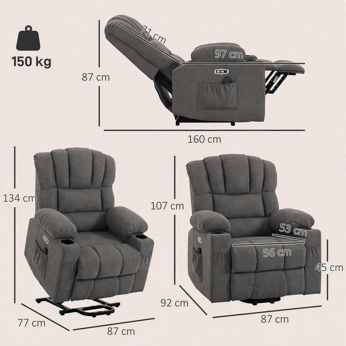 ELEKTRISCHER-AUFSTEHSESSEL Frottee 100 Polyester Grau - Grau, Textil/Metall (87/107/92cm) - HOMCOM