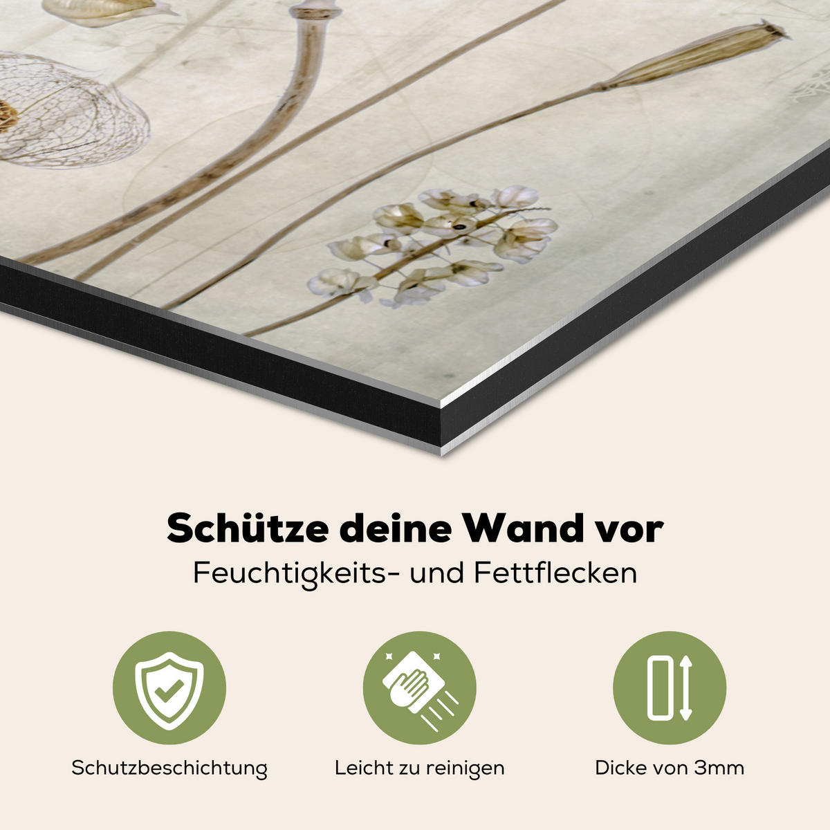 SPRITZSCHUTZ KÜCHE Blumen - Aquarell - Stilleben - Braun - Vintage 70x50 cm - Sandfarben, Metall (70/0.3/50cm) - MuchoWow