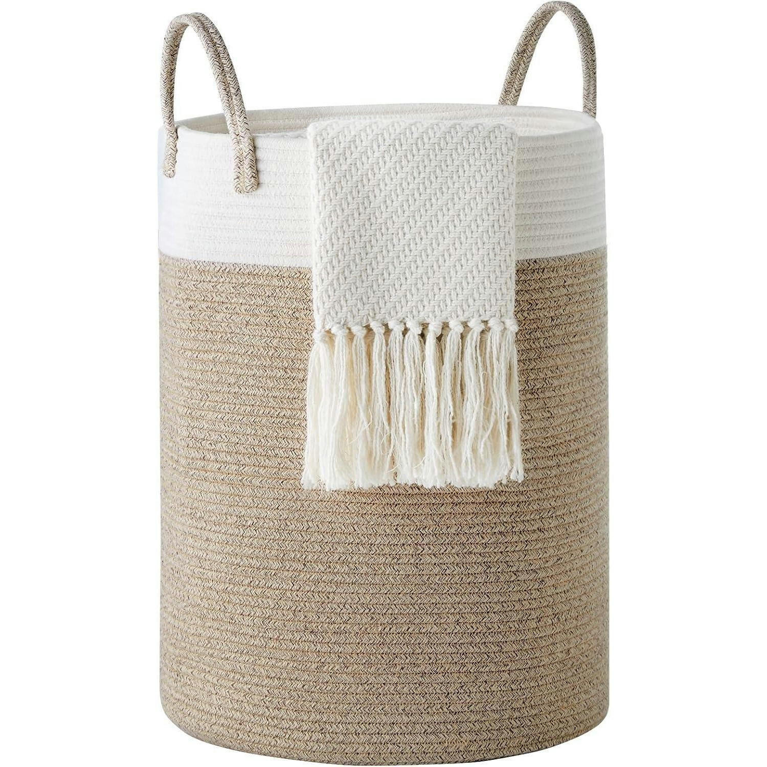 WÄSCHEKORB geflochten Baumwolle Weiß & Braun 38 cm(D)x50 cm(H) - Multicolor, Textil (38/50/38cm)
