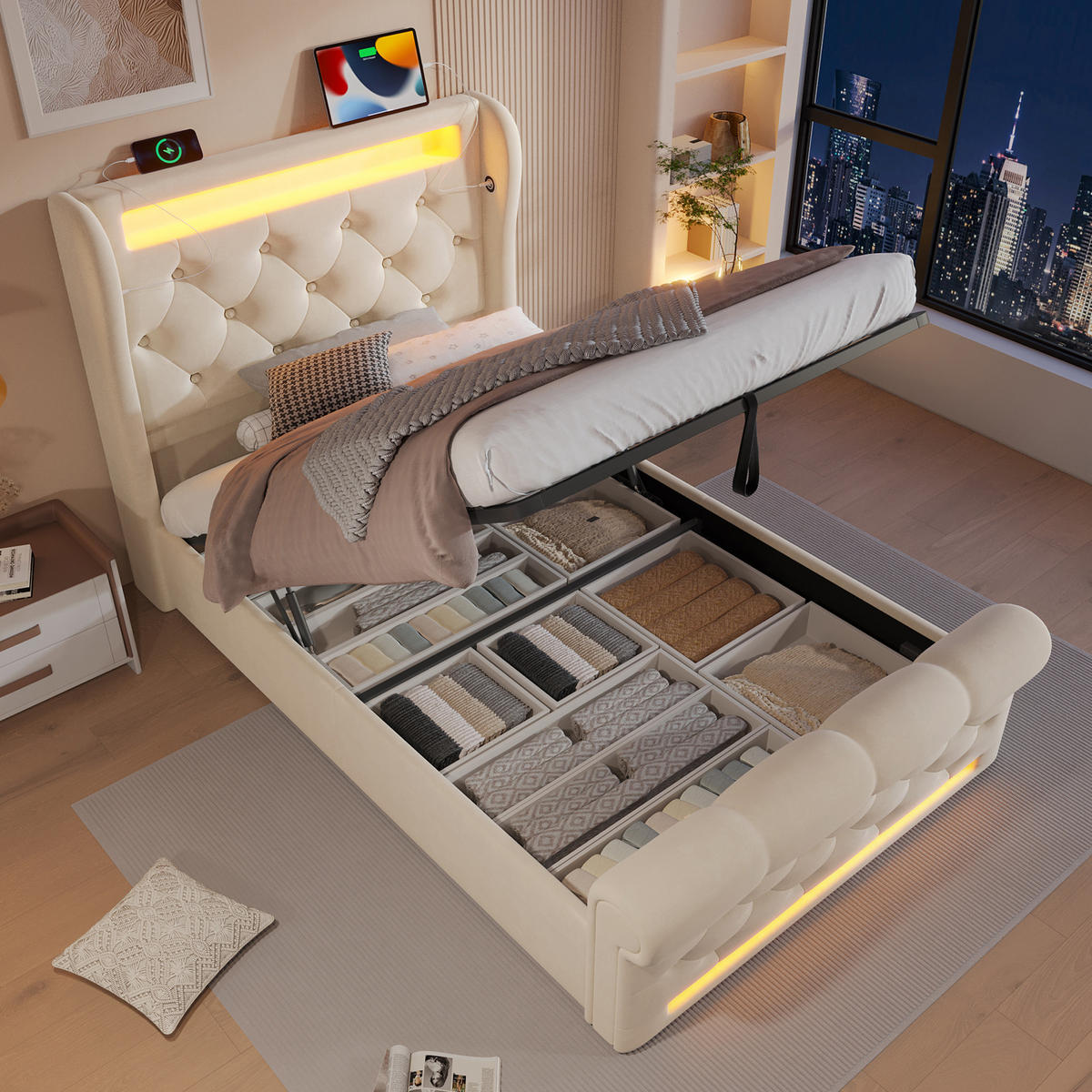 POLSTER EINZELBETT 90x200cm mit LED USB-C & Hydraulik Stauraum Beige - Beige, Holz (90/200cm) - FLIEKS