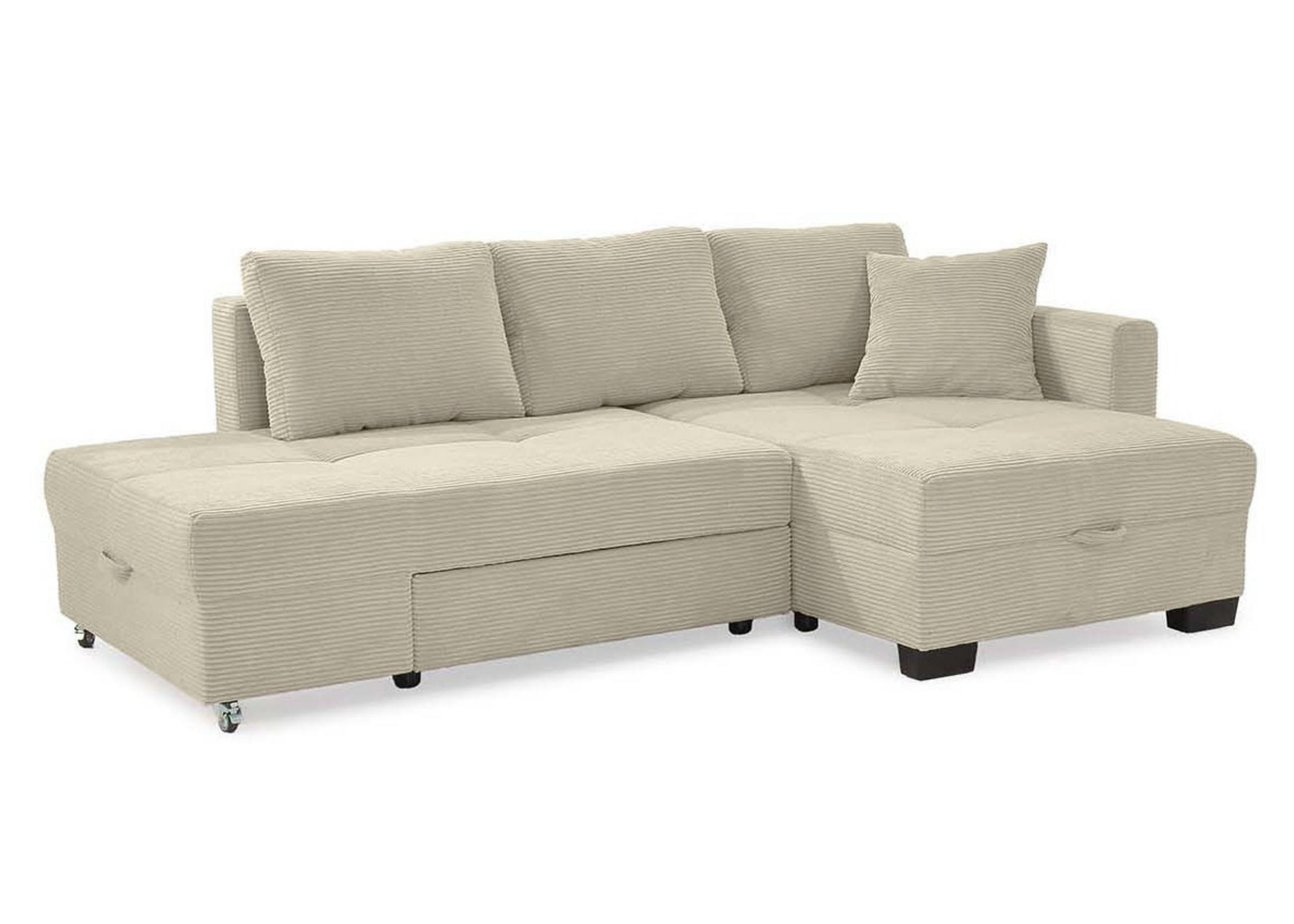 ECKSOFA Doppelbett mit Bettkasten, seitenverkehrt montierbar B247/T155/H87 cm, Liegefläche 183x207 cm, Cord Beige Grau / 15215 - Greige/Beige, Kunststoff/Textil (247/155cm) - luma-home