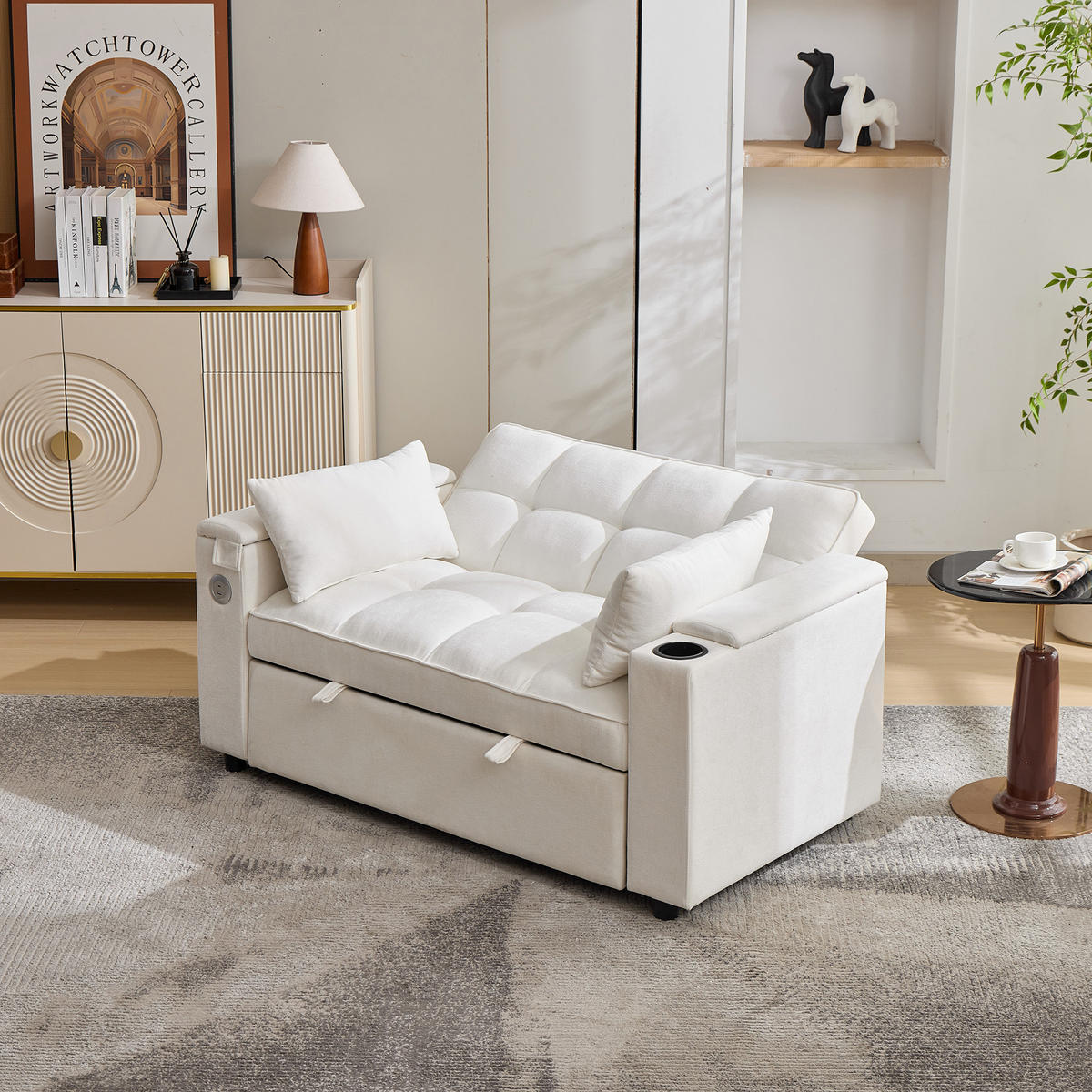 SCHLAFSOFA 140.5/74/82 cm Beige mit USB-Anschluss, verstecktem Tisch und Getränkehalter - Beige, Textil (140.5/82/74cm) - Oxeza