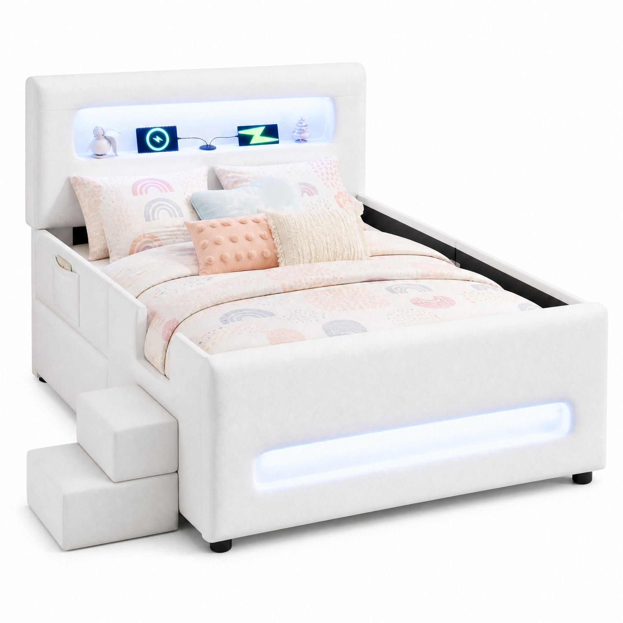 POLSTERBETT 90/200 cm in Weiß mit Schublade, LED und USB aus PU - Weiß, Holzwerkstoff/Textil (90/200cm) - CHICFURN