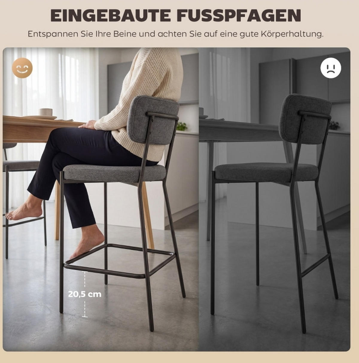 BARHOCKER 2er-Set mit Rückenlehne 49 x 53 x 93 cm Polyester Gray - Grau, Metall (49/93/53cm) - Meubliv