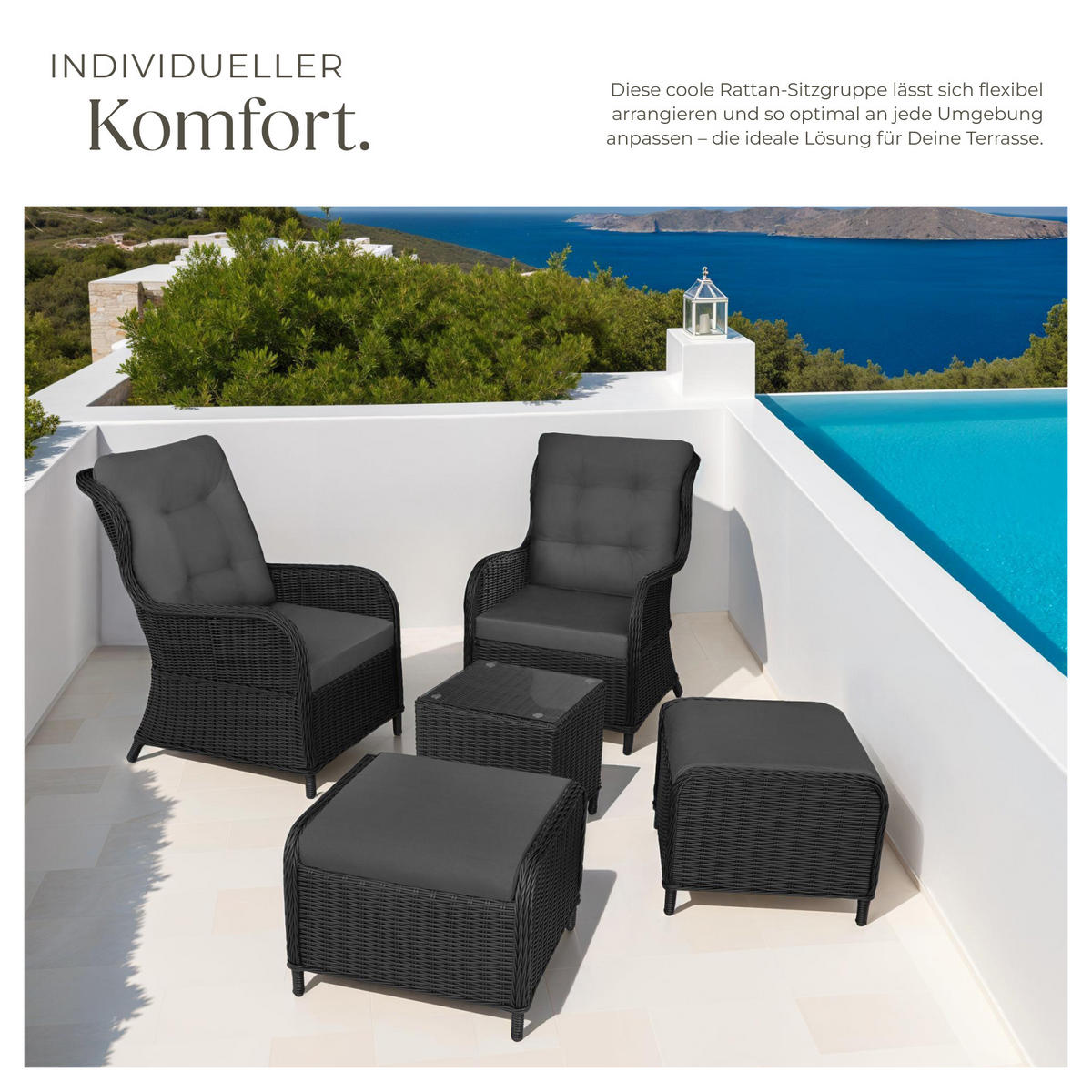RATTAN SITZGRUPPE Benissa,mit Sicherheitsglasplatte,schwarz/grau - Schwarz/Grau, Kunststoff - tectake
