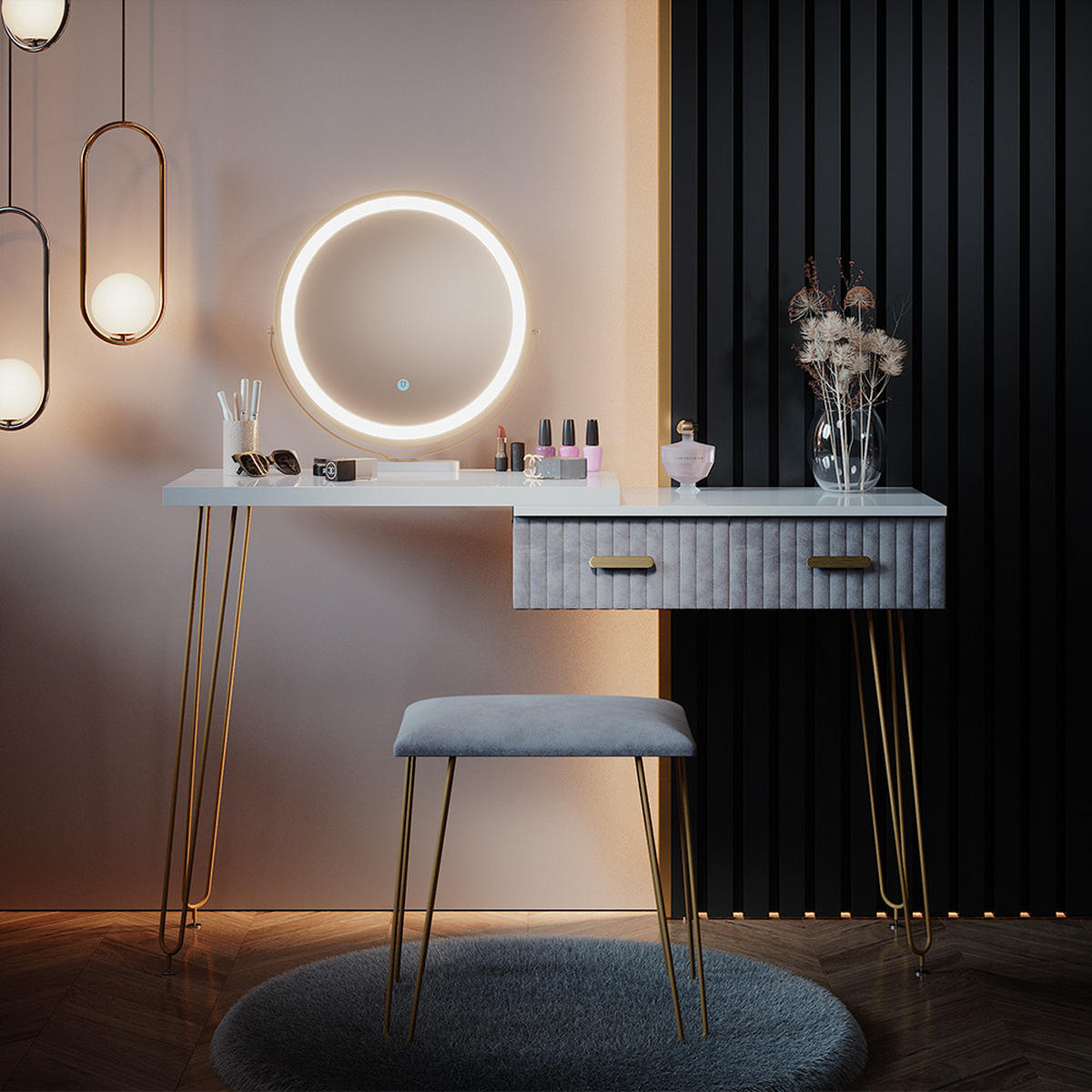 SCHMINKTISCH Zoey Grau 120 cm mit LED Beleuchtung und Hocker - Grau, Holzwerkstoff (120/76/37cm) - Vicco