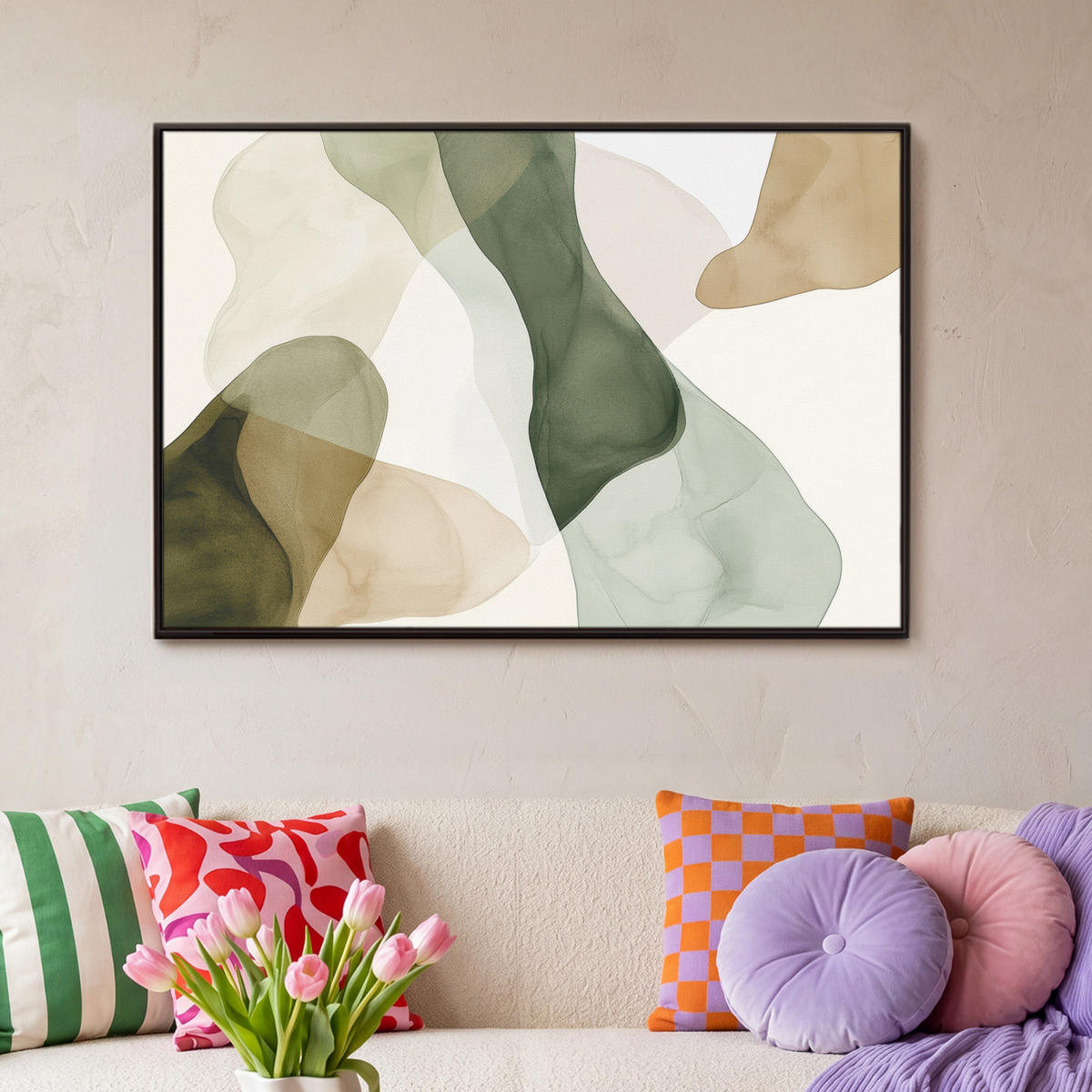 LEINWAND Bilder mit Rahmen - Japandi - Abstrakt - Grün - 90x60 - Salbeigrün, Textil (90/60cm) - MuchoWow