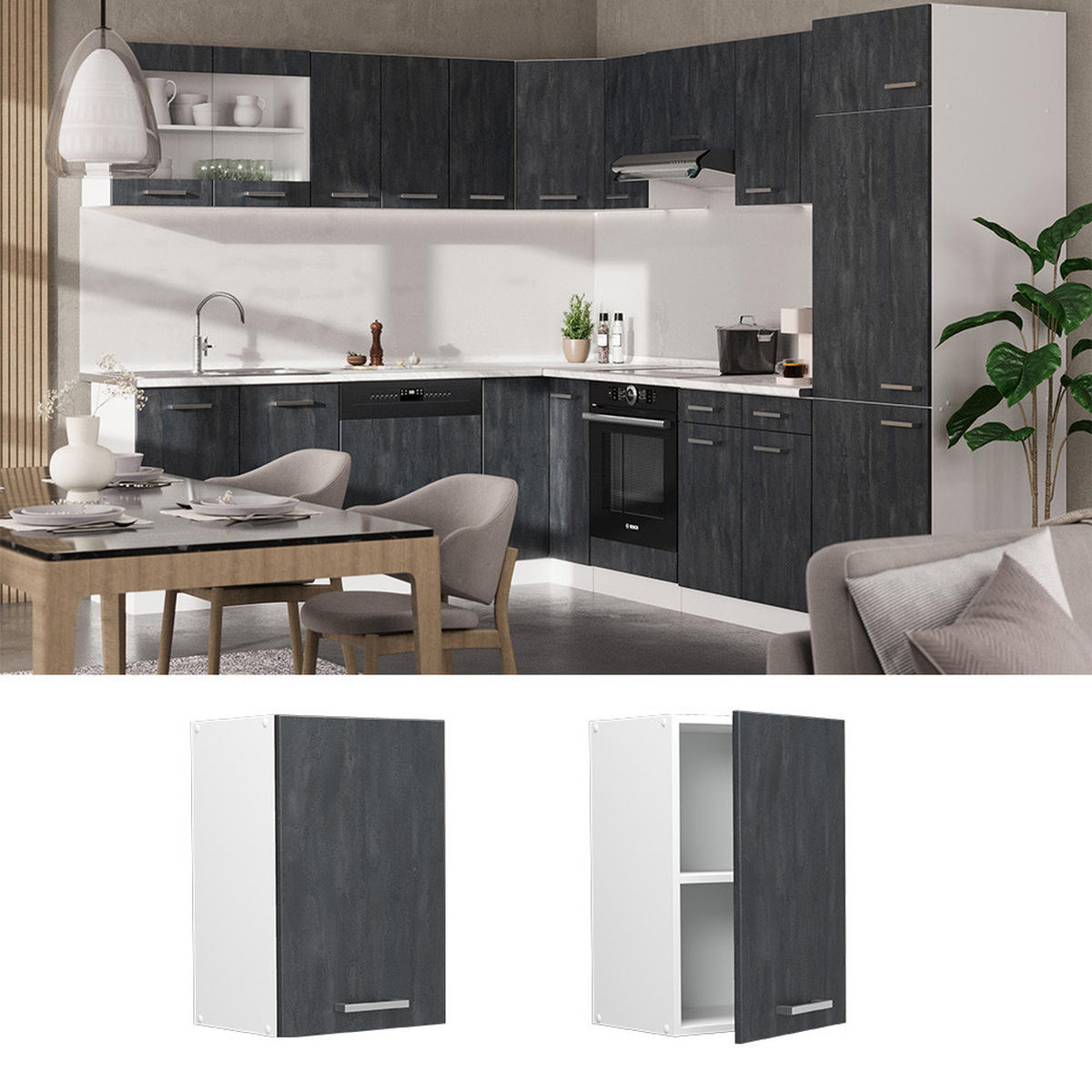 HÄNGESCHRANK R-Line Schwarz Beton 40 cm - Schwarz/Weiß, Holzwerkstoff (40/60/31cm) - Vicco