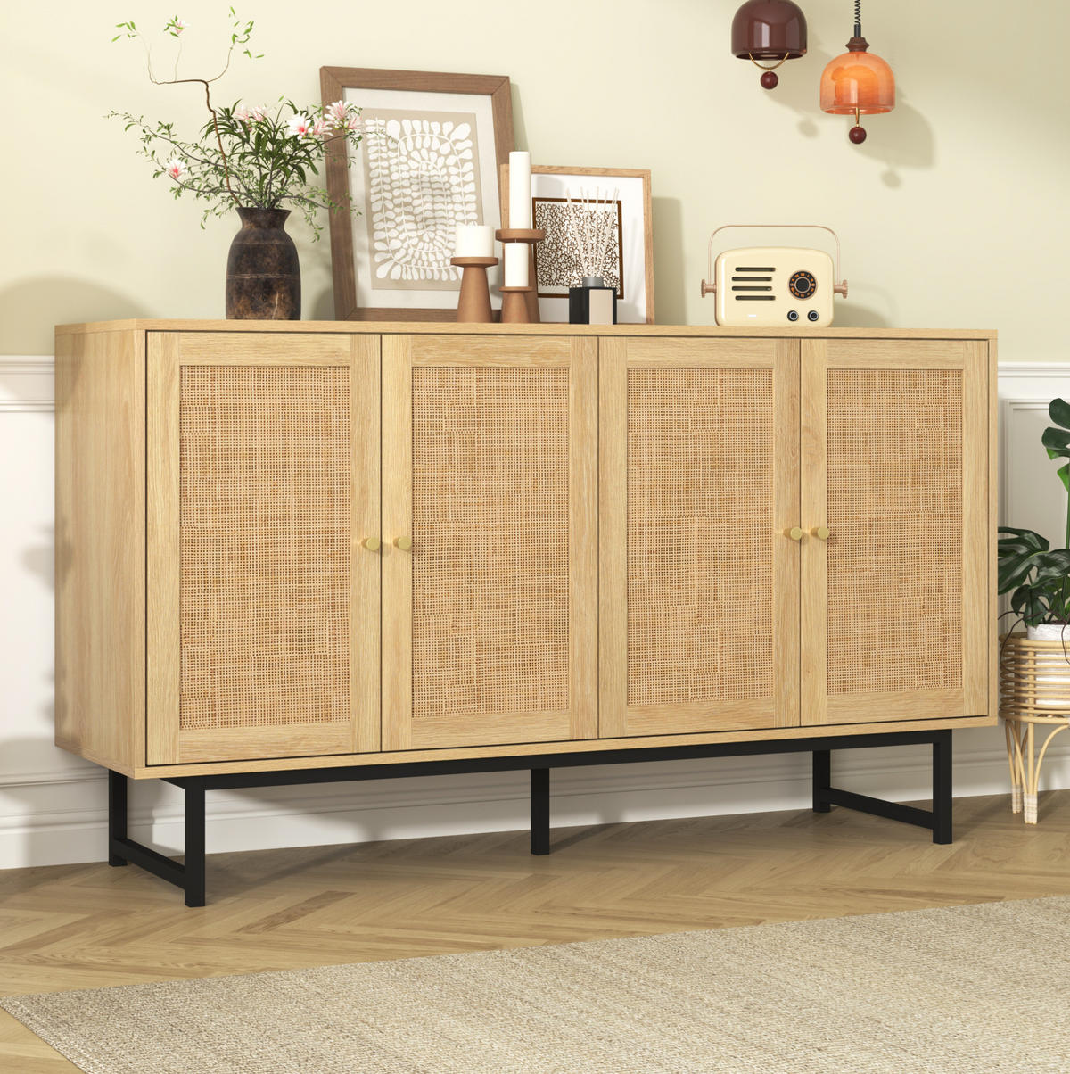 SIDEBOARD 140/39,5/80 cm mit 4 Türen, Rattangeflecht & viel Stauraum - Naturfarben, Holzwerkstoff (140/80/39.5cm) - BEAOK