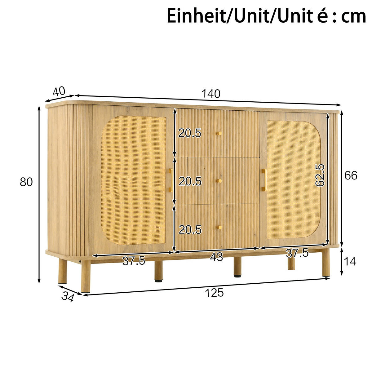 BUFFET in Naturholz- und Rattanoptik, Beige - Naturfarben, Holzwerkstoff (40/80/140cm) - Urban Meuble