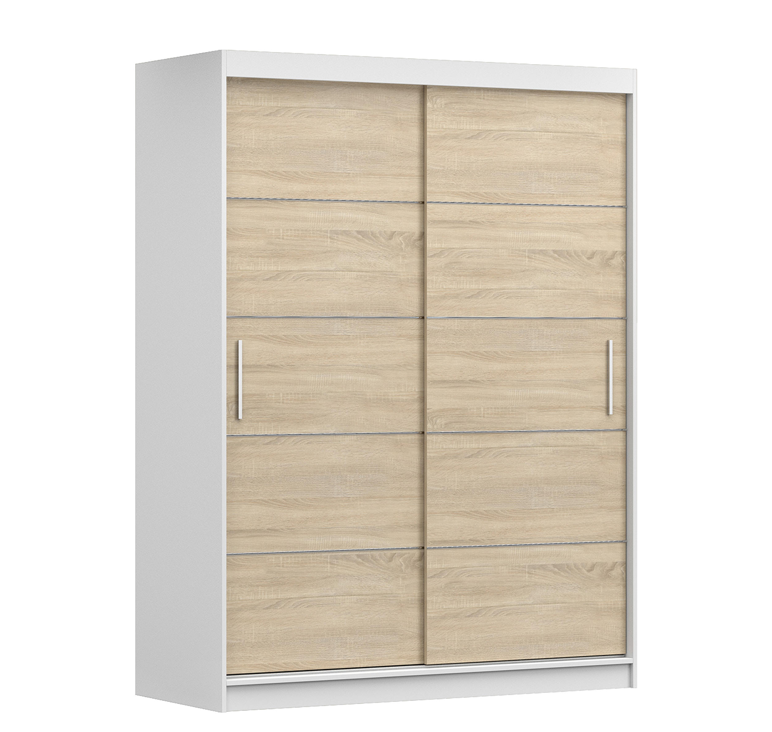 SCHIEBETÜRENSCHRANK - Lara 06 - Weiß + Sonoma - Weiß/Sonoma Eiche, Holzwerkstoff/Metall (150/200/61cm) - Möblo