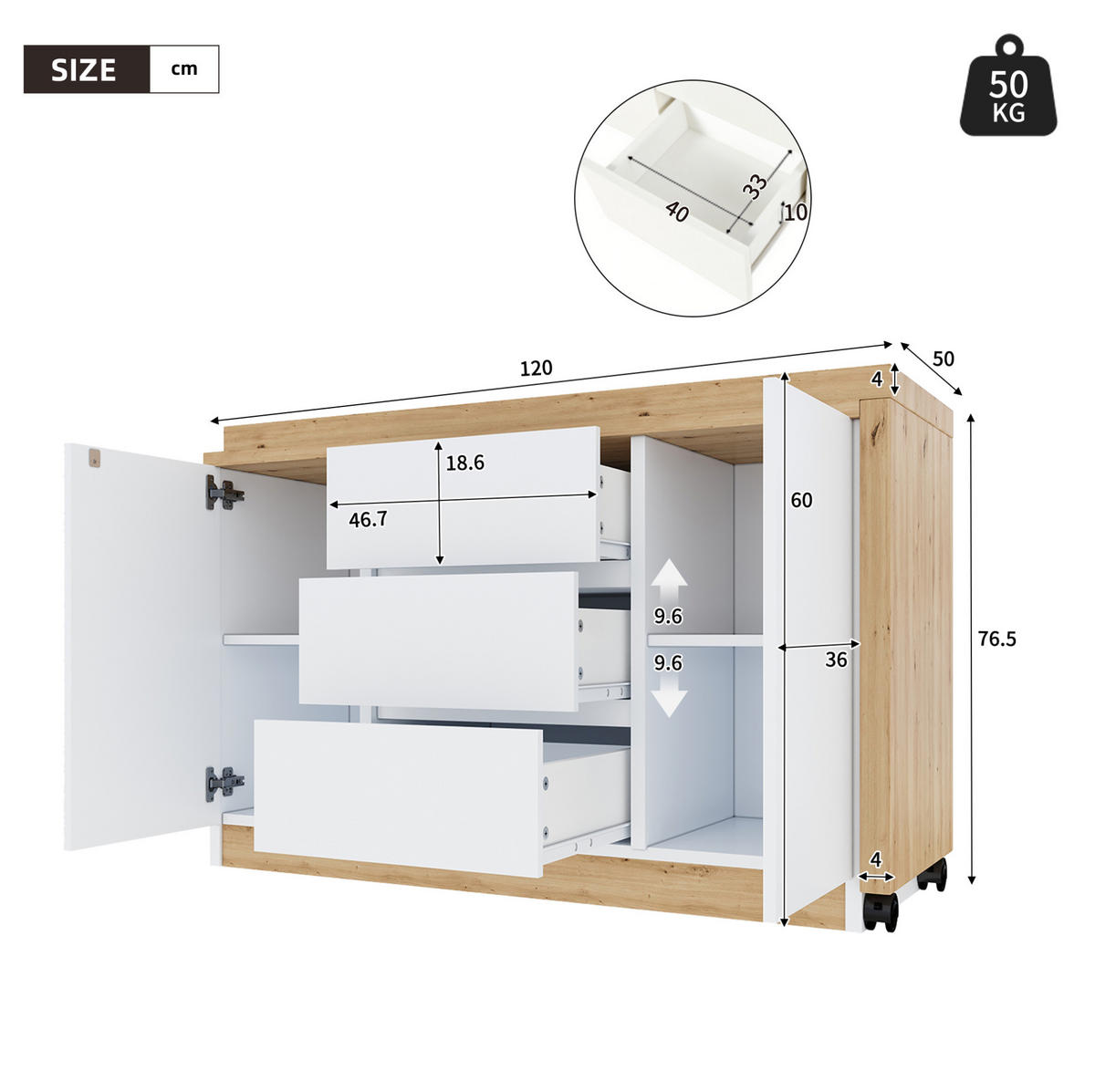 SCHREIBTISCH drehbar & klappbar 120 x 50 cm Weiß/Eiche mit Stauraum - Eichefarben, Holz (120/50/76.5cm) - Meubliv