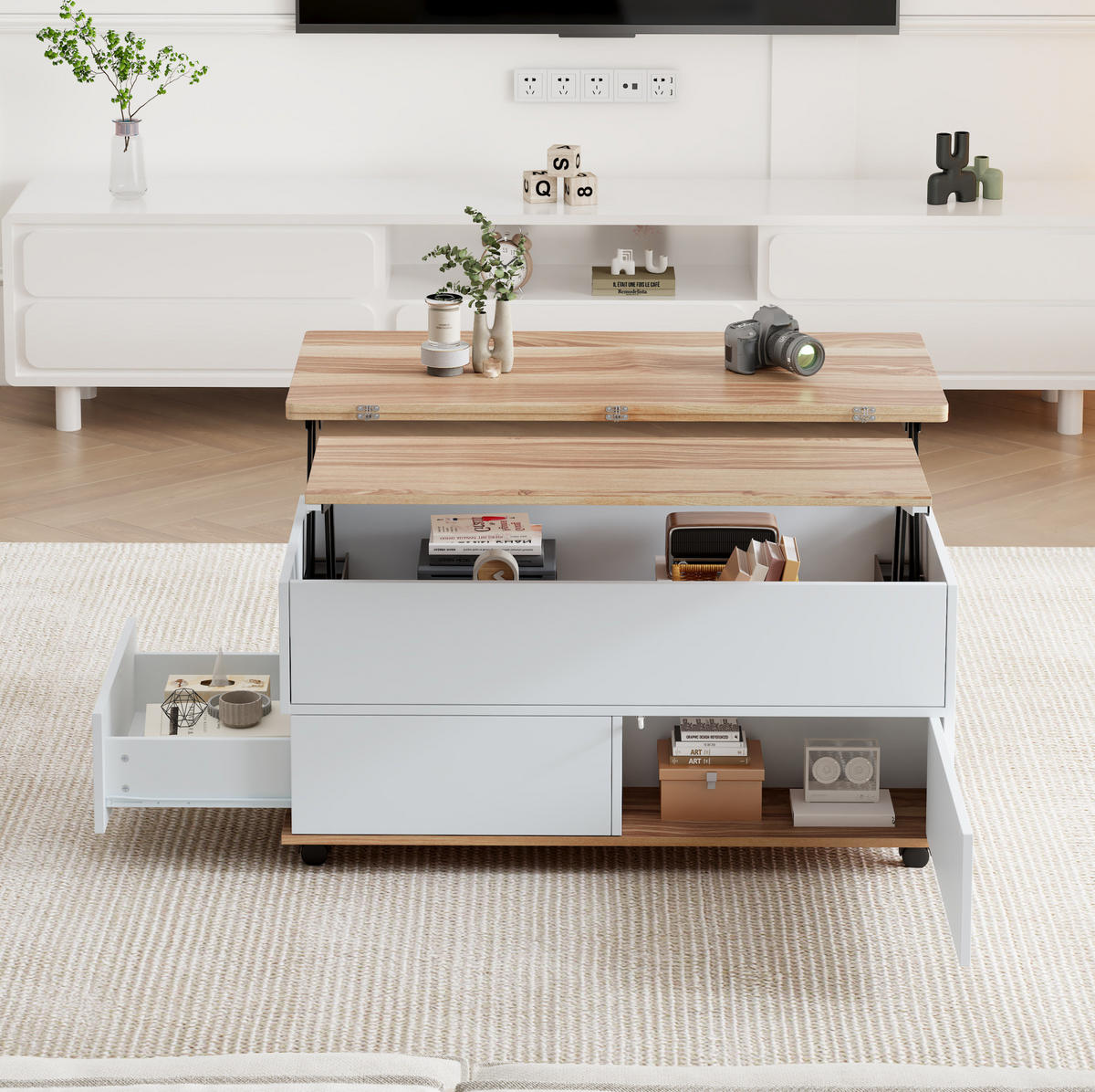 COUCHTISCH höhenverstellbar 100 x 98 x 65 cm Weiß Holzoptik mit Stauraum - Weiß, Holzwerkstoff (100/98/65cm) - Meubliv