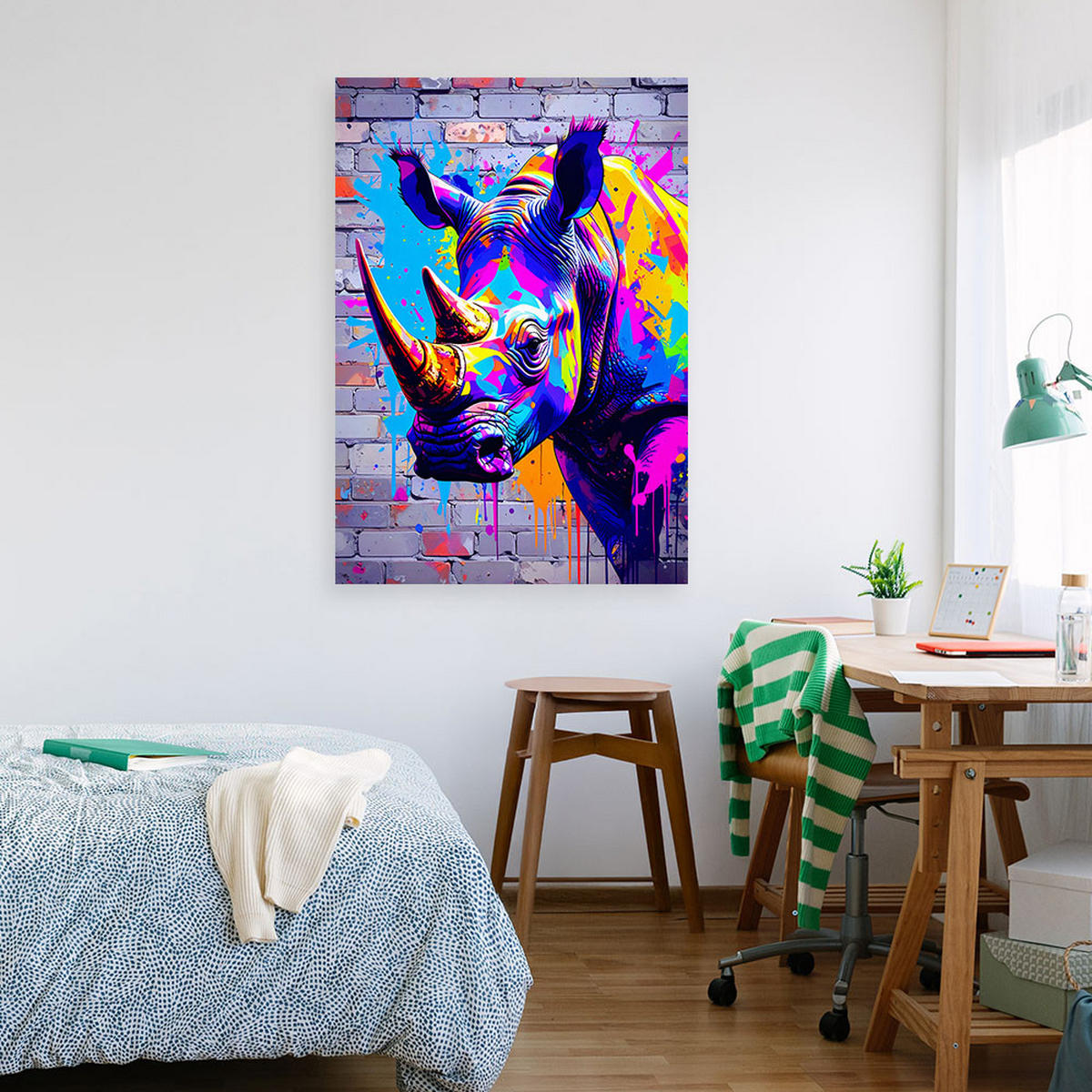 LEINWANDBILD Bunte Nashörner Tiere Abstrakt 80x120cm - Multicolor, Textil (80/120cm) - Feeby