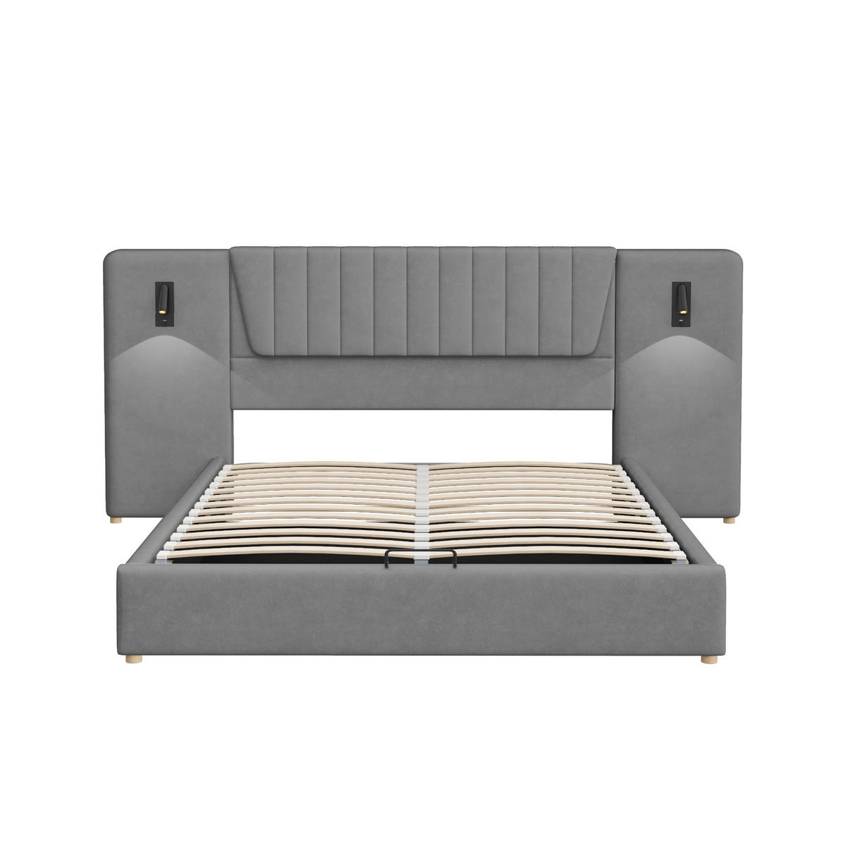 POLSTERBETT 180/200 cm in Grau Samt mit Bettkasten, Leselampen und USB - Grau, Holzwerkstoff/Textil (180/200cm) - WISHDOR