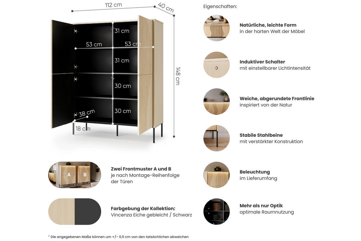 HOCHKOMMODE FAVOS 02 112/148/40 cm in Eiche Vincenza hell und Schwarz mit LED - Eichefarben/Schwarz, Holzwerkstoff (112/148/40cm) - Deine Möbel 24