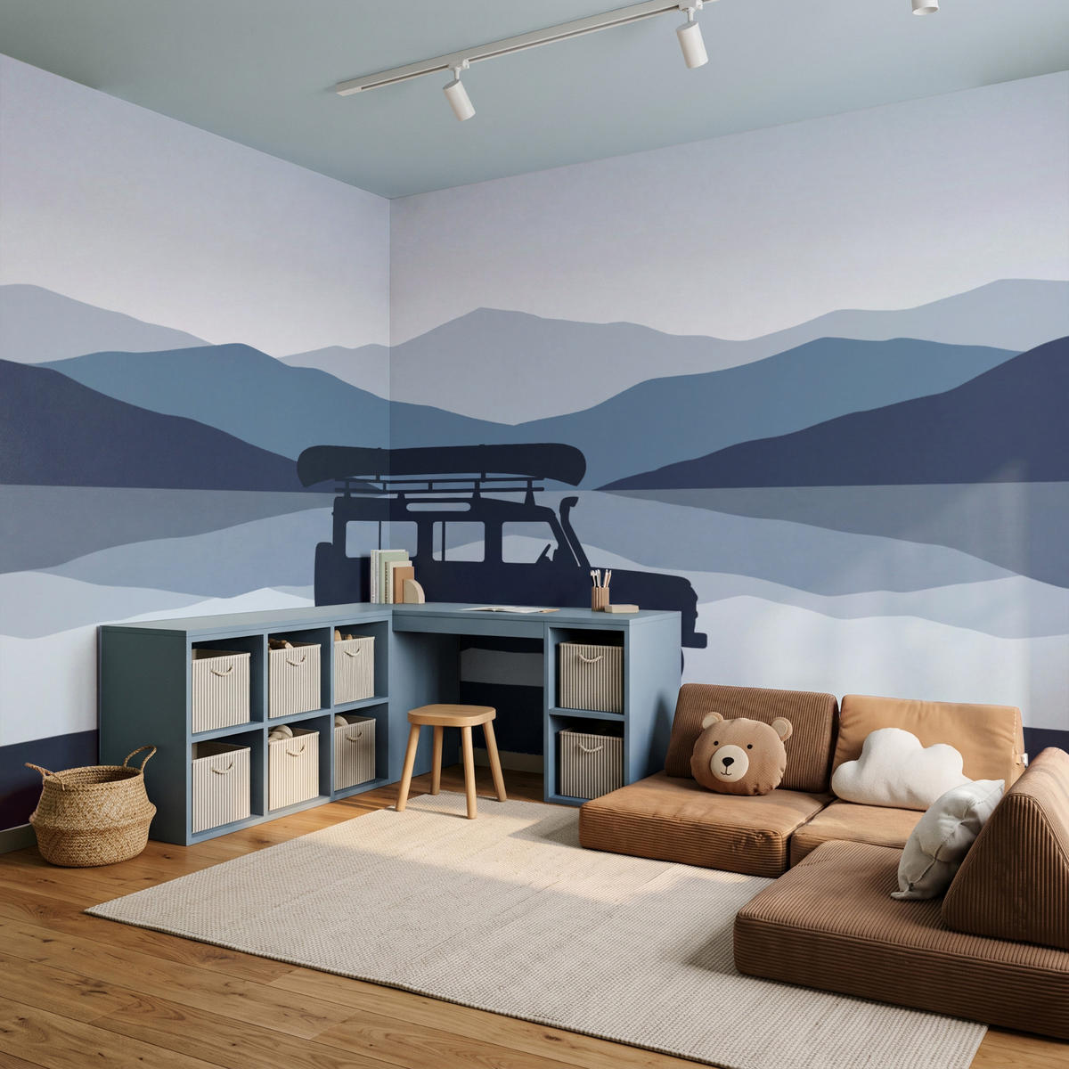 KINDERTAPETE - Auto - See - Berge - Blau - 450x280 cm - Blaugrau, Papier (450/280cm) - OnlyWow