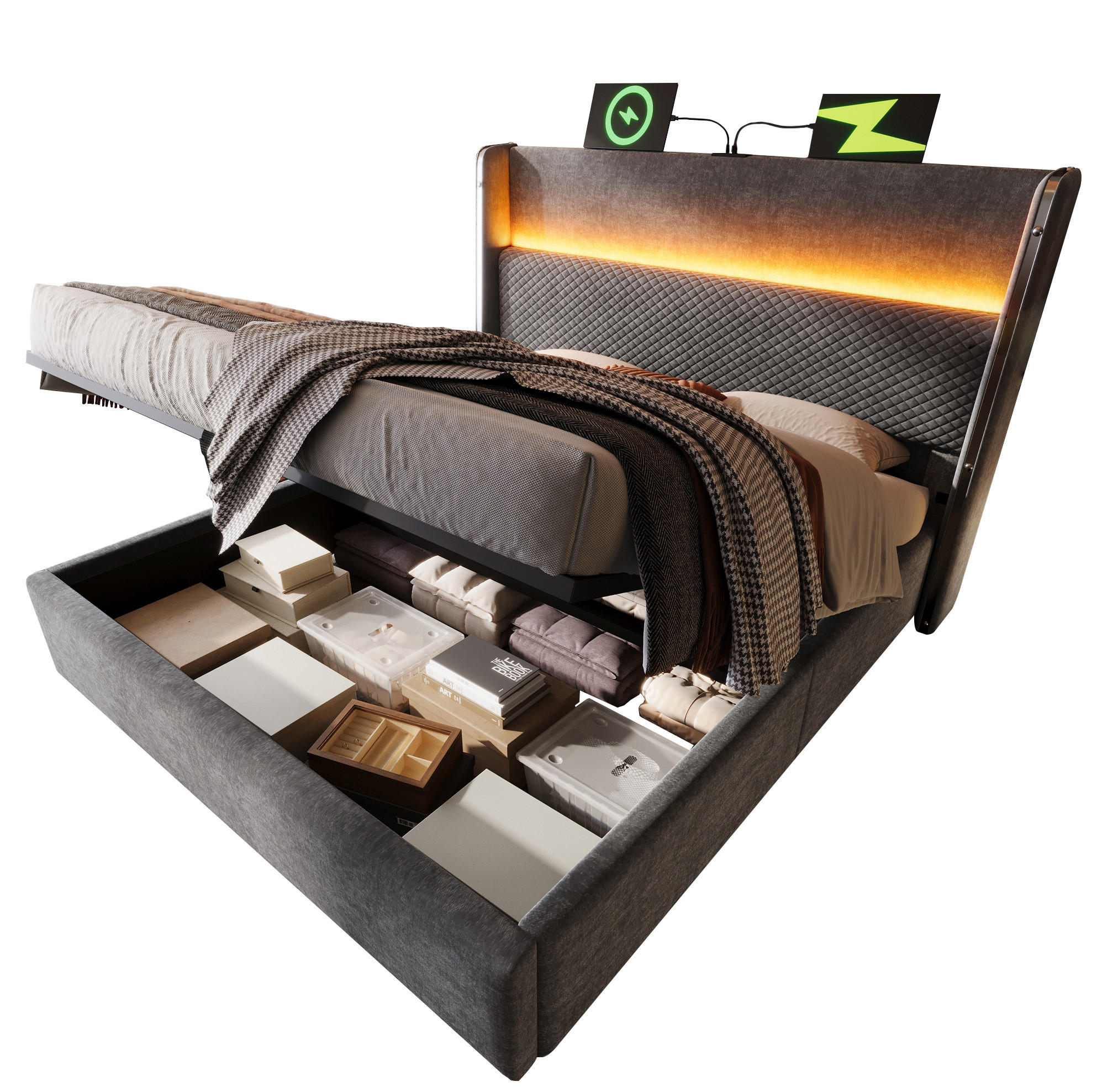POLSTERBETT 140/200 cm mit LED-Beleuchtung, USB- und Type-C-Anschluss, hydraulischem Stauraum und Matratze, Grau - Grau, Textil (140/200cm) - Redom