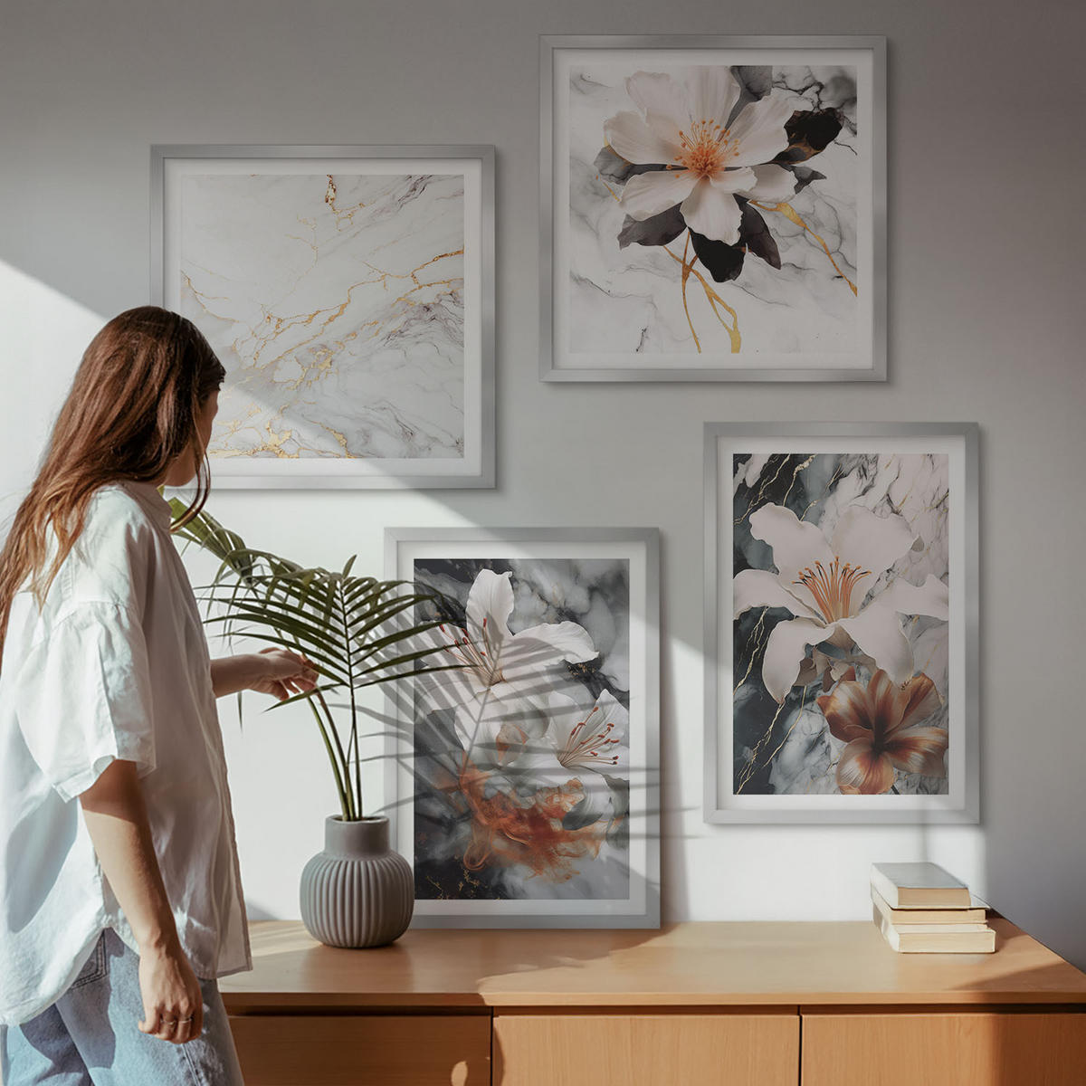 WANDBILDER 4er Set - 50x50 cm & 40x60 cm Silberner Rahmen - Blumen Marmor weiß schwarz - Silberfarben, Kunststoff (50/50cm) - ArtPrintCave