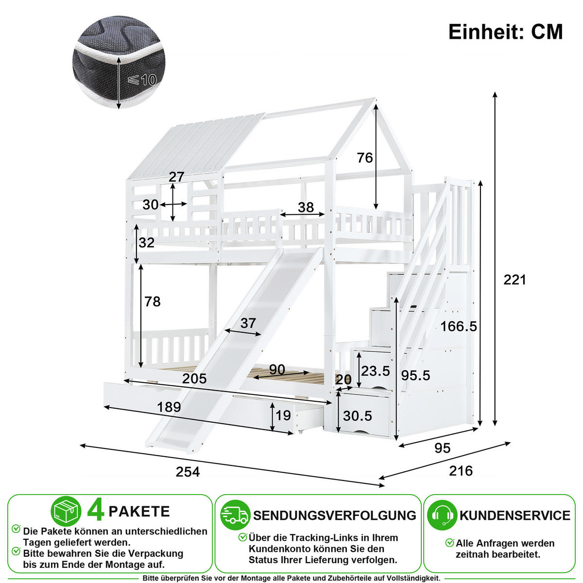 ETAGENBETT 90/200 cm & 90/200 cm in Weiß mit Treppe, Rutsche, Stauraum und Schublade - Weiß, Holz/Holzwerkstoff (90/200cm) - CHICFURN