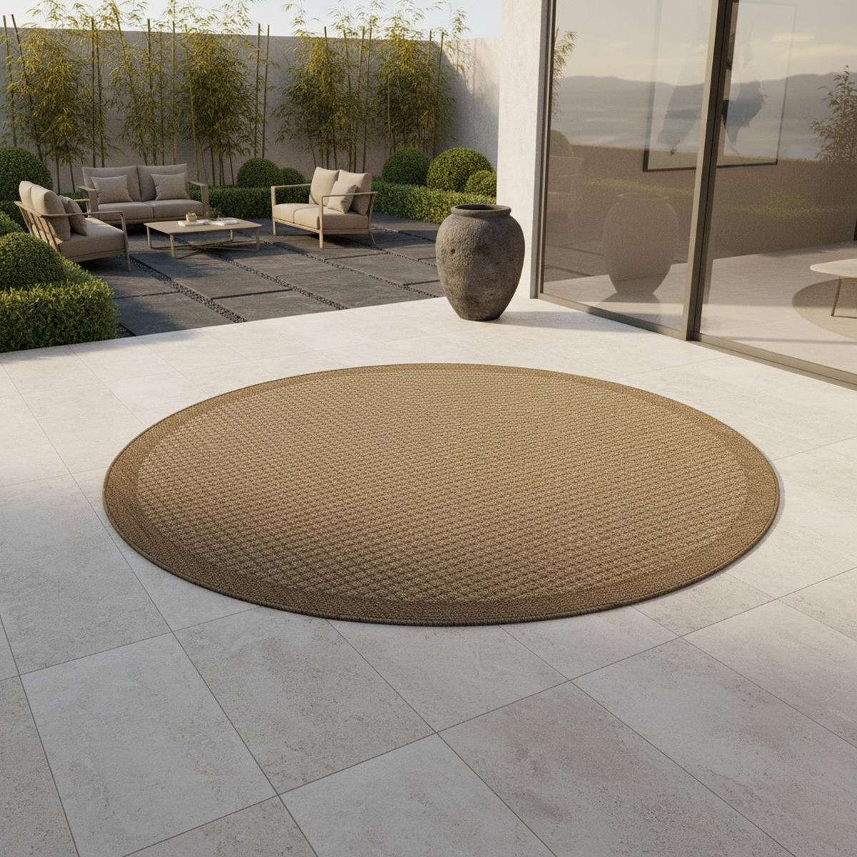 TEPPICH Outdoor Flachgewebe Uni-Farbe Polypropylen Balkon Braun Rund 200x200 - Braun, Textil (200/200cm) - KADIMA DESIGN