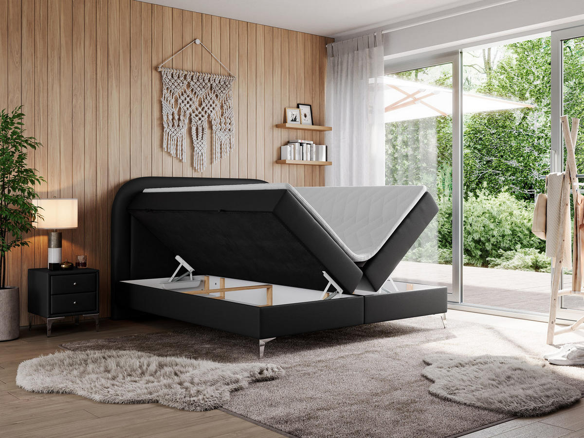 BOXBETT EIRA 180/200 Schwarz Kunstleder - H4 - Silberfarben/Schwarz, Holz/Textil (180/200cm) - MKS