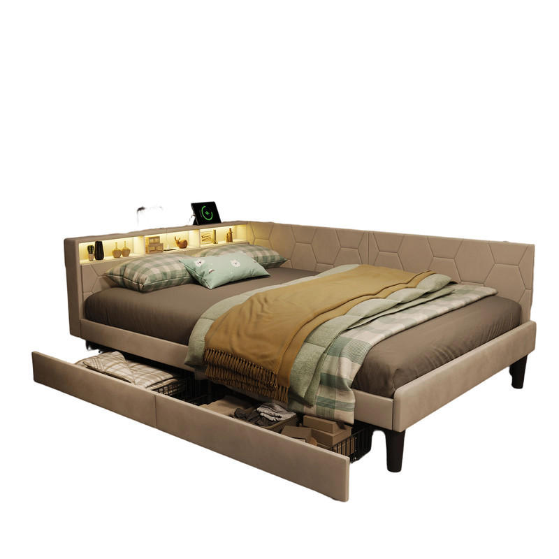 KLÄDD säng 140/200 cm beige med lådor och USB-portar - Beige, Trä (140/200cm) - SHOPENTRA