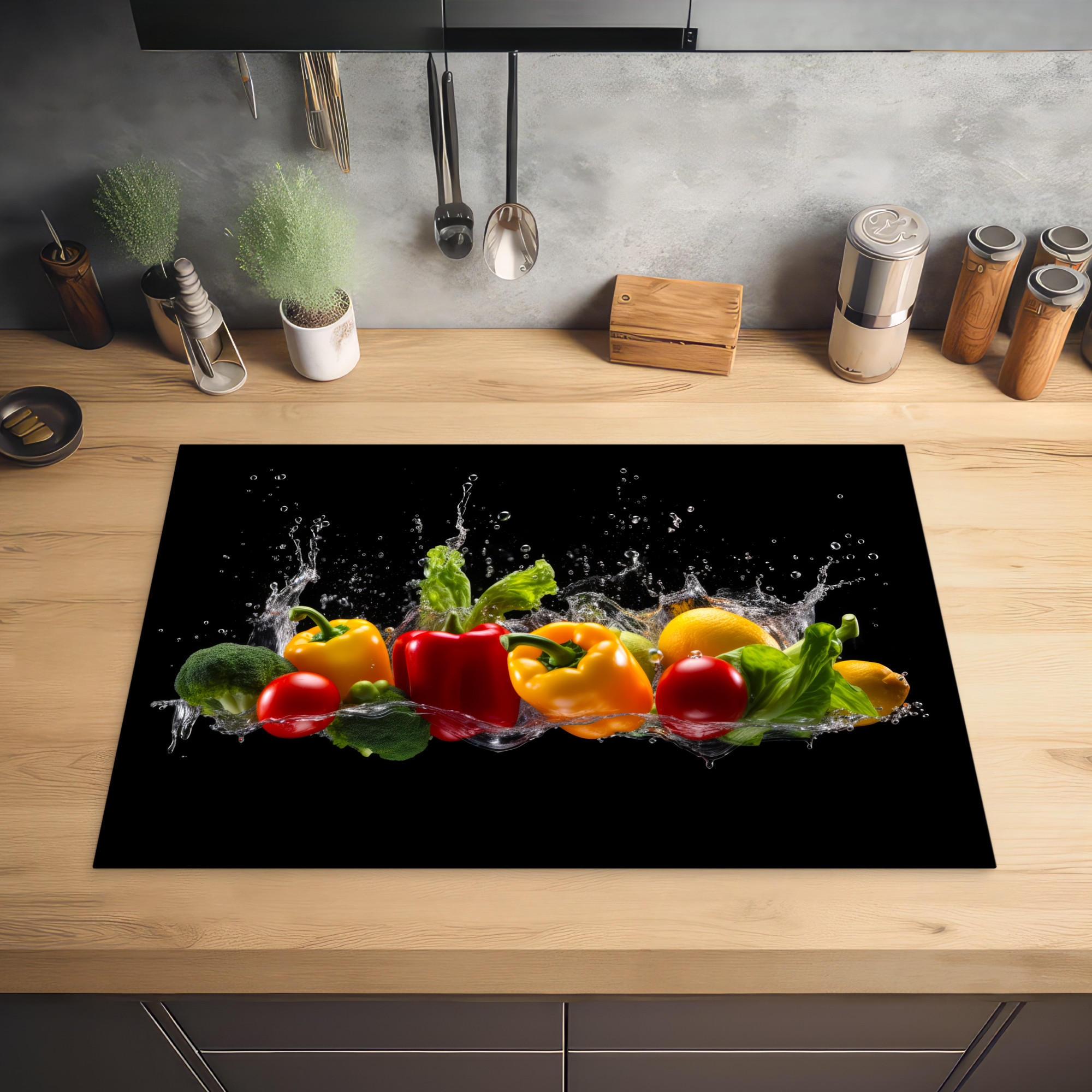 HERDABDECKPLATTE Paprika - Wasser - Gemüse - Schwarz 78x52 cm - Multicolor, Kunststoff (78/0.2/52cm) - MuchoWow