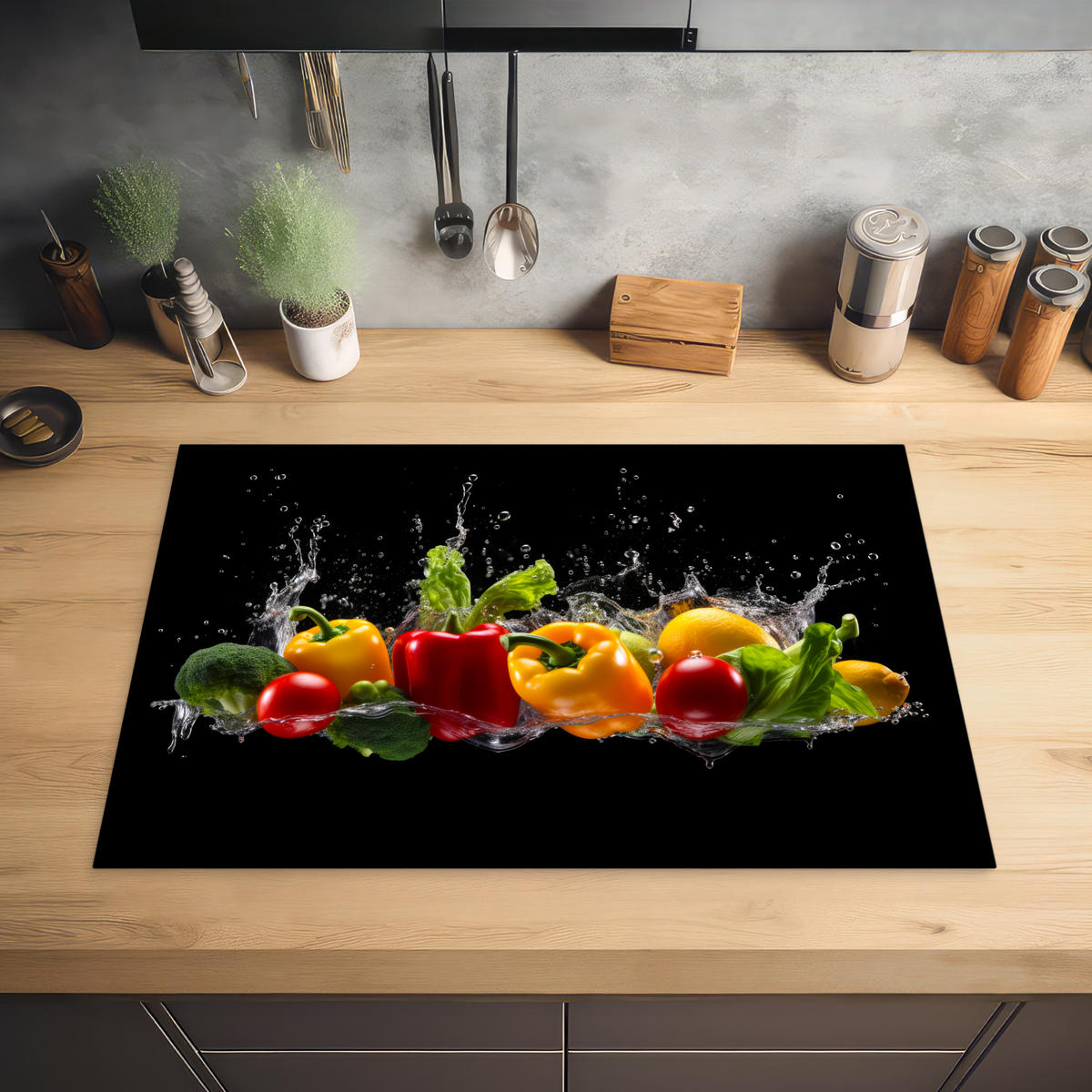 HERDABDECKPLATTE Paprika - Wasser - Gemüse - Schwarz 78x52 cm - Multicolor, Kunststoff (78/0.2/52cm) - MuchoWow