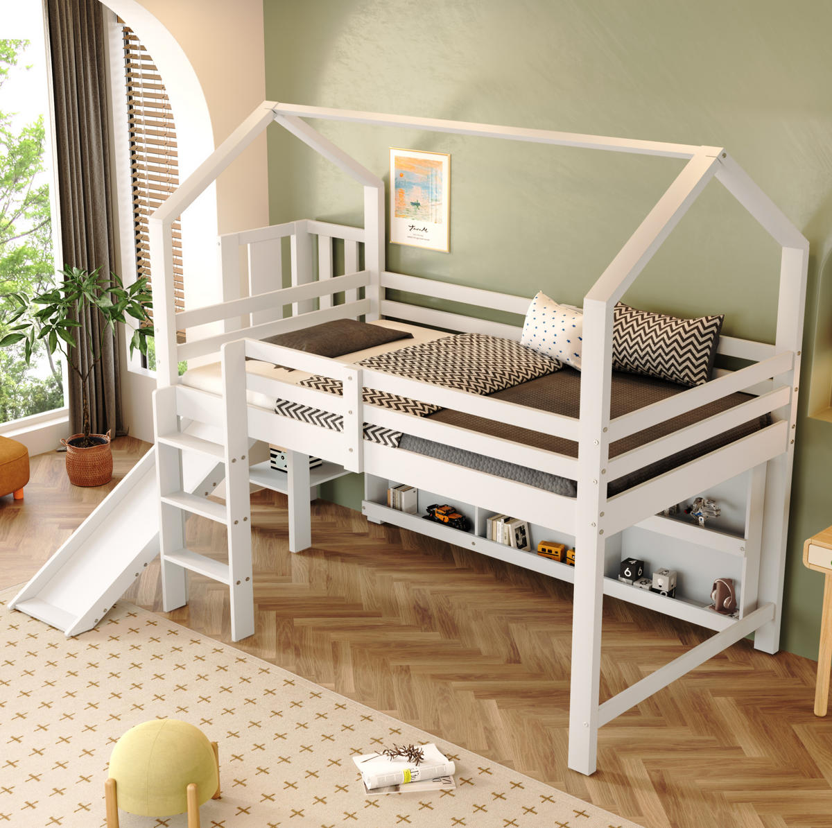KINDERBETT 90/200 cm mit Rutsche, Treppe, Stauraum und Regal, Weiß - Weiß, Holzwerkstoff (90/200cm) - Redom