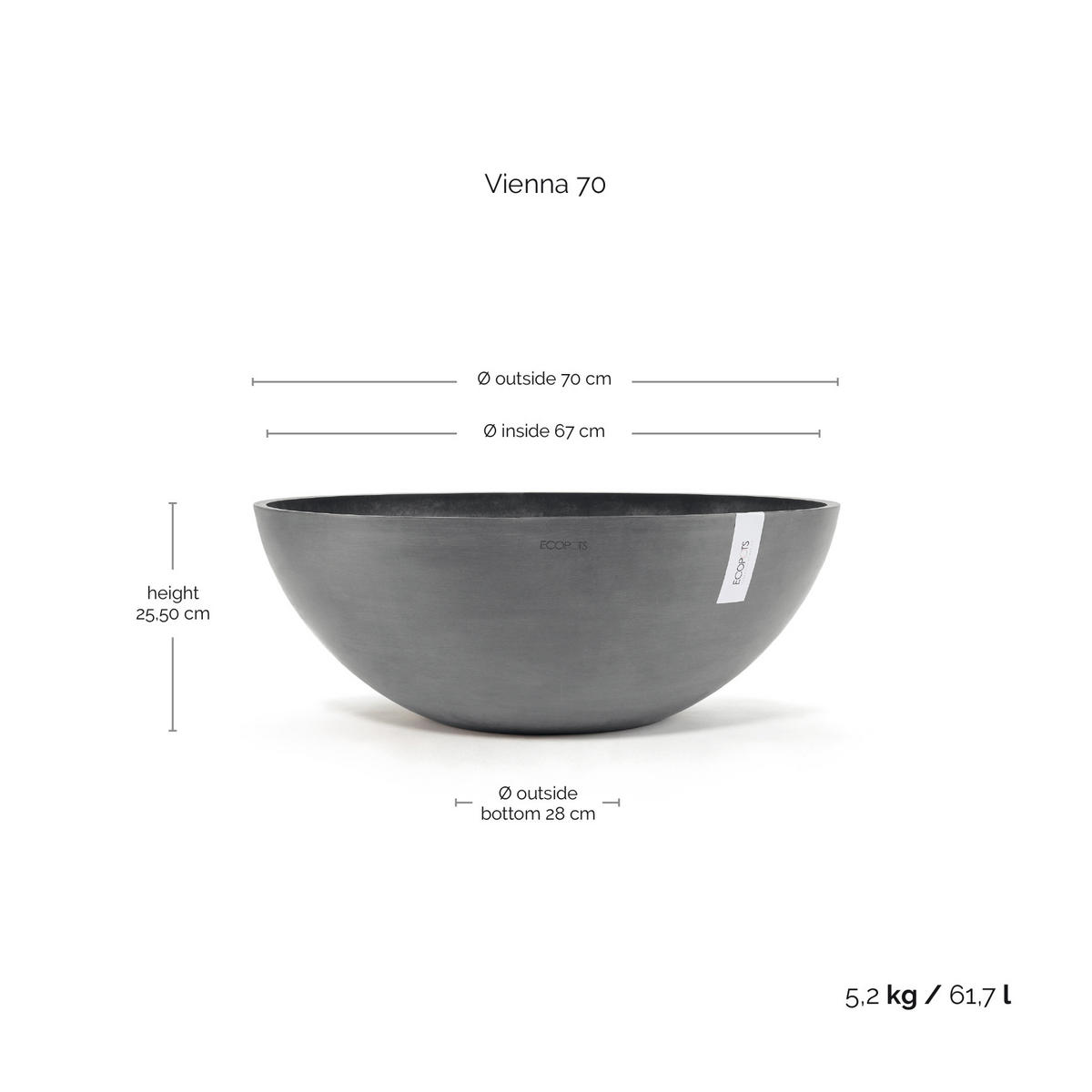 BLUMENTOPF Vienna 70/25,3 cm Grau - Grau, Kunststoff (70/25.3cm) - Ecopots