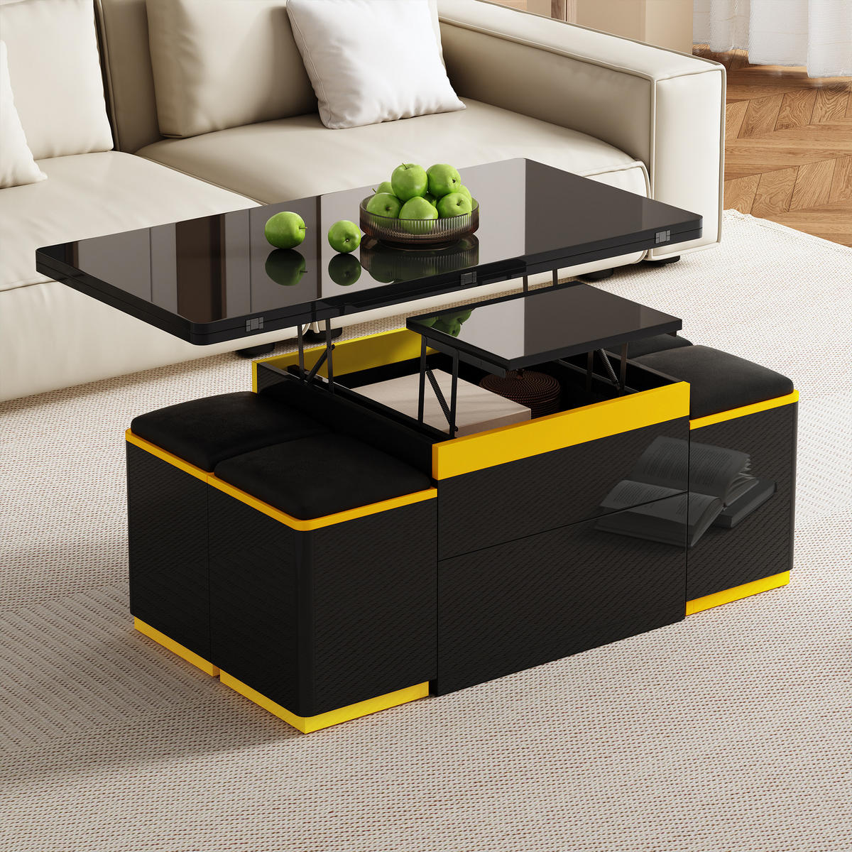COUCHTISCH 100x50 Schwarz Hochglanz Höhenverstellbar Klappbar - Schwarz, Holzwerkstoff (100/50/43cm) - FLIEKS